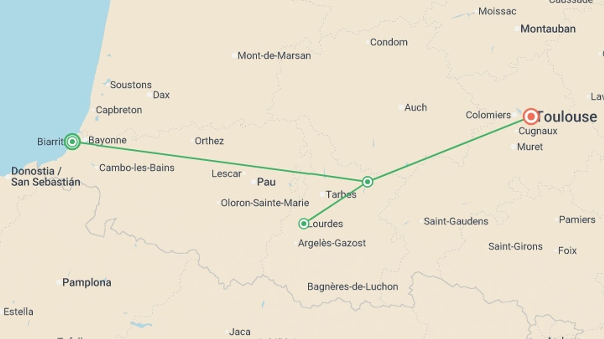 A map showing the tour itinerary for the trip: Journeys: Highlights of the Pyrenees to Toulouse, starting in Nouvelle-Aquitaine, France and ending in Toulouse, France going through 4 other destinations.