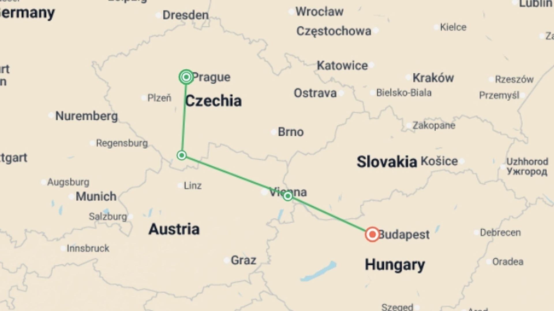 A map showing the tour itinerary for the trip: Journeys: Iconic Christmas Markets, starting in Prague, Czech Republic and ending in Budapest, Hungary going through 4 other destinations.