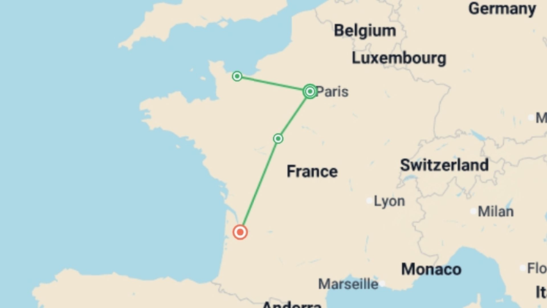 A map showing the tour itinerary for the trip: Journeys: Iconic France, starting in Paris, France and ending in Bordeaux, France going through 3 other destinations.