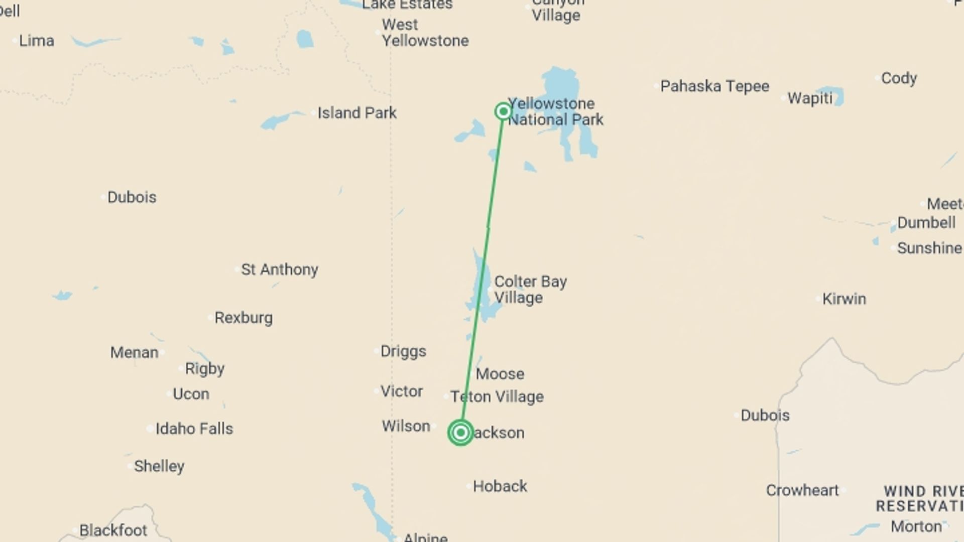 A map showing the tour itinerary for the trip: Journeys: Iconic Wildlife of Yellowstone and Grand Teton, starting in Jackson, USA and ending in Jackson, USA going through 2 other destinations.