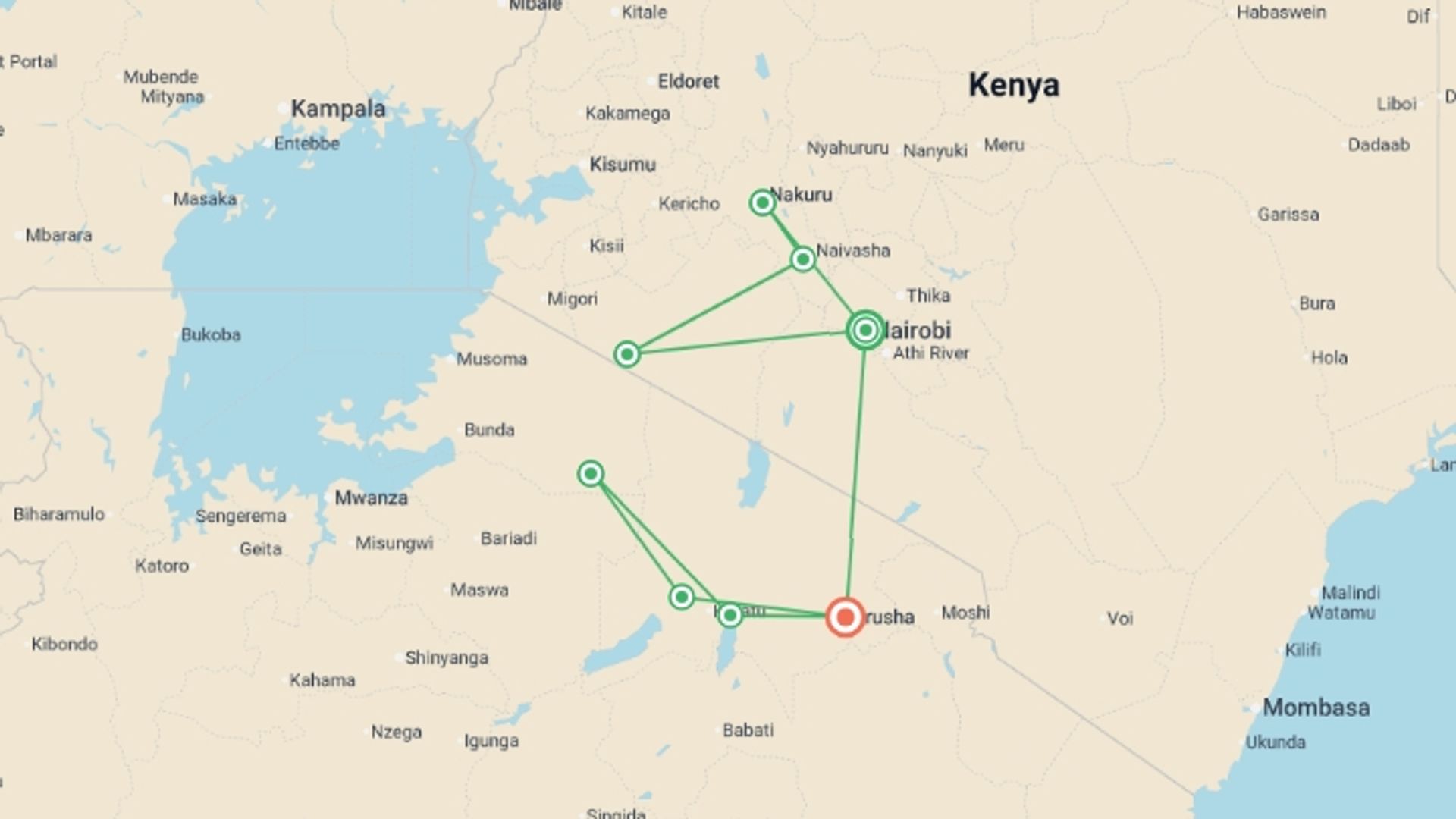 A map showing the tour itinerary for the trip: Journeys: Kenya & Tanzania Safari, starting in Nairobi, Kenya and ending in Arusha, Tanzania going through 6 other destinations.