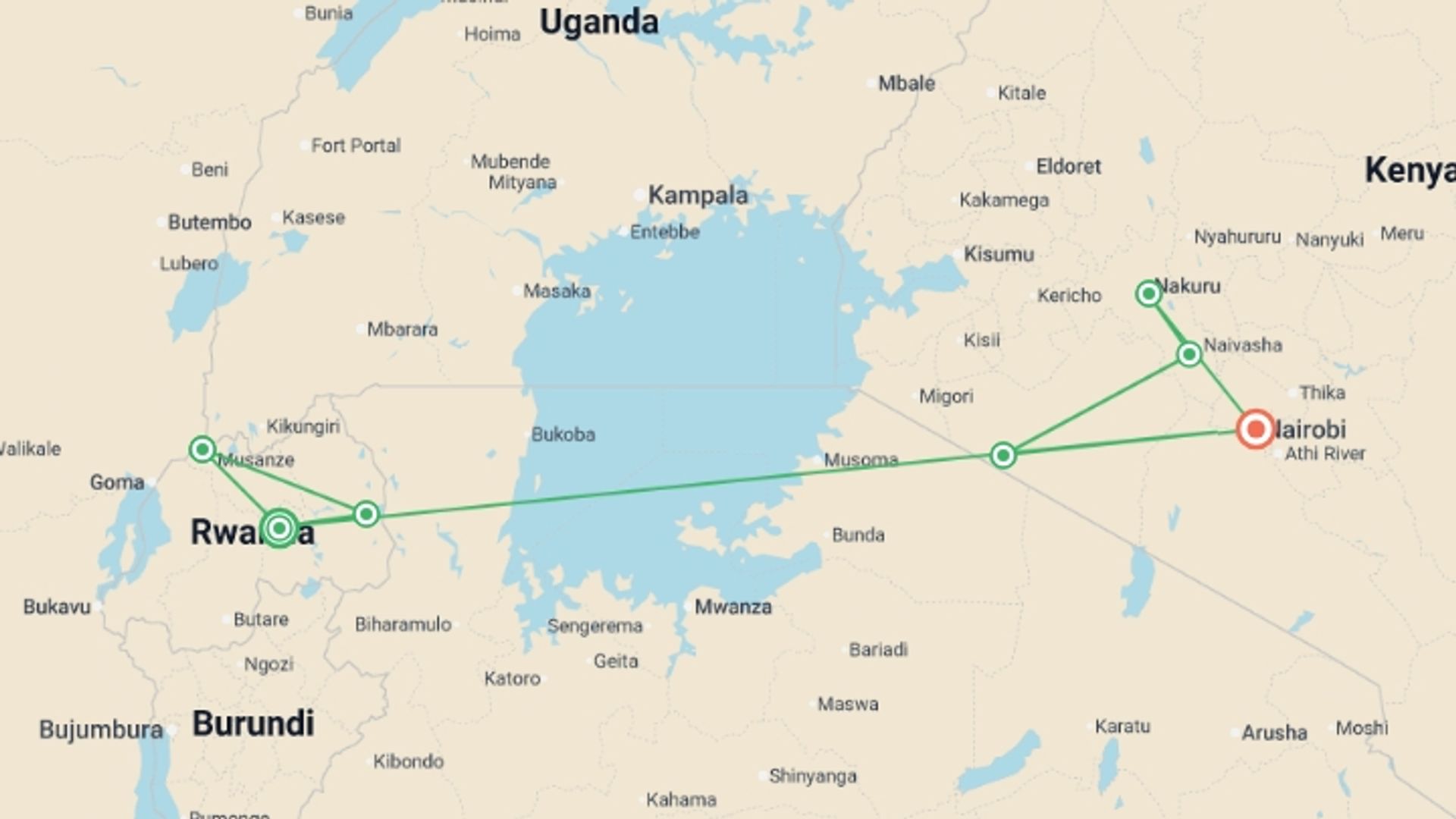 A map showing the tour itinerary for the trip: Journeys: Legendary Wildlife of Rwanda & Kenya, starting in Kigali, Rwanda and ending in Nairobi, Kenya going through 6 other destinations.