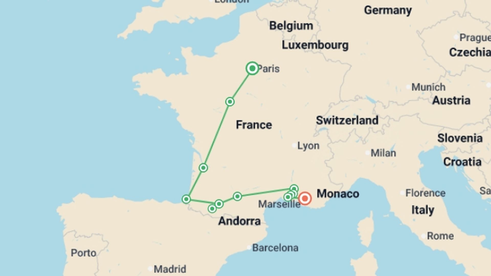 A map showing the tour itinerary for the trip: Journeys: Paris to Provence in Depth, starting in Paris, France and ending in Aix-en-Provence, France going through 8 other destinations.