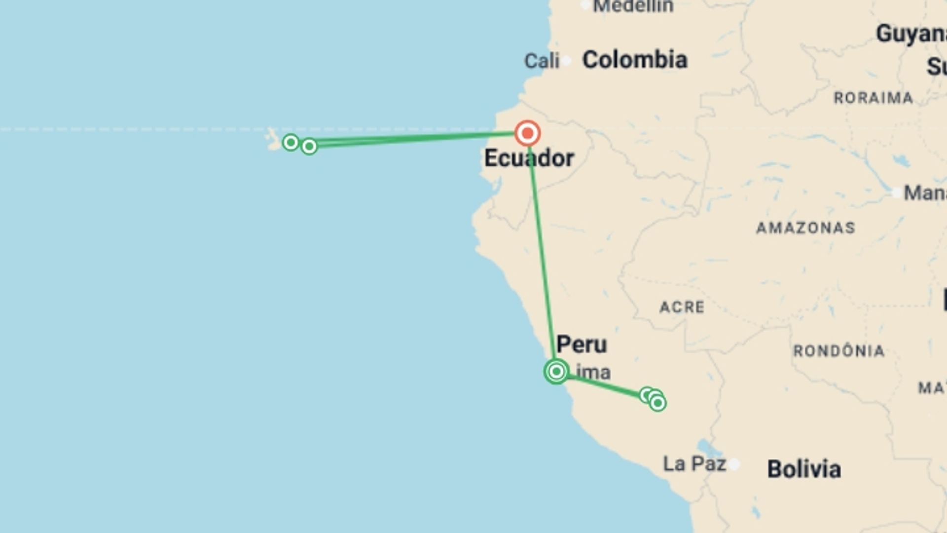 A map showing the tour itinerary for the trip: Journeys: Peru & the Galápagos Islands, starting in Lima, Peru and ending in Quito, Ecuador going through 6 other destinations.