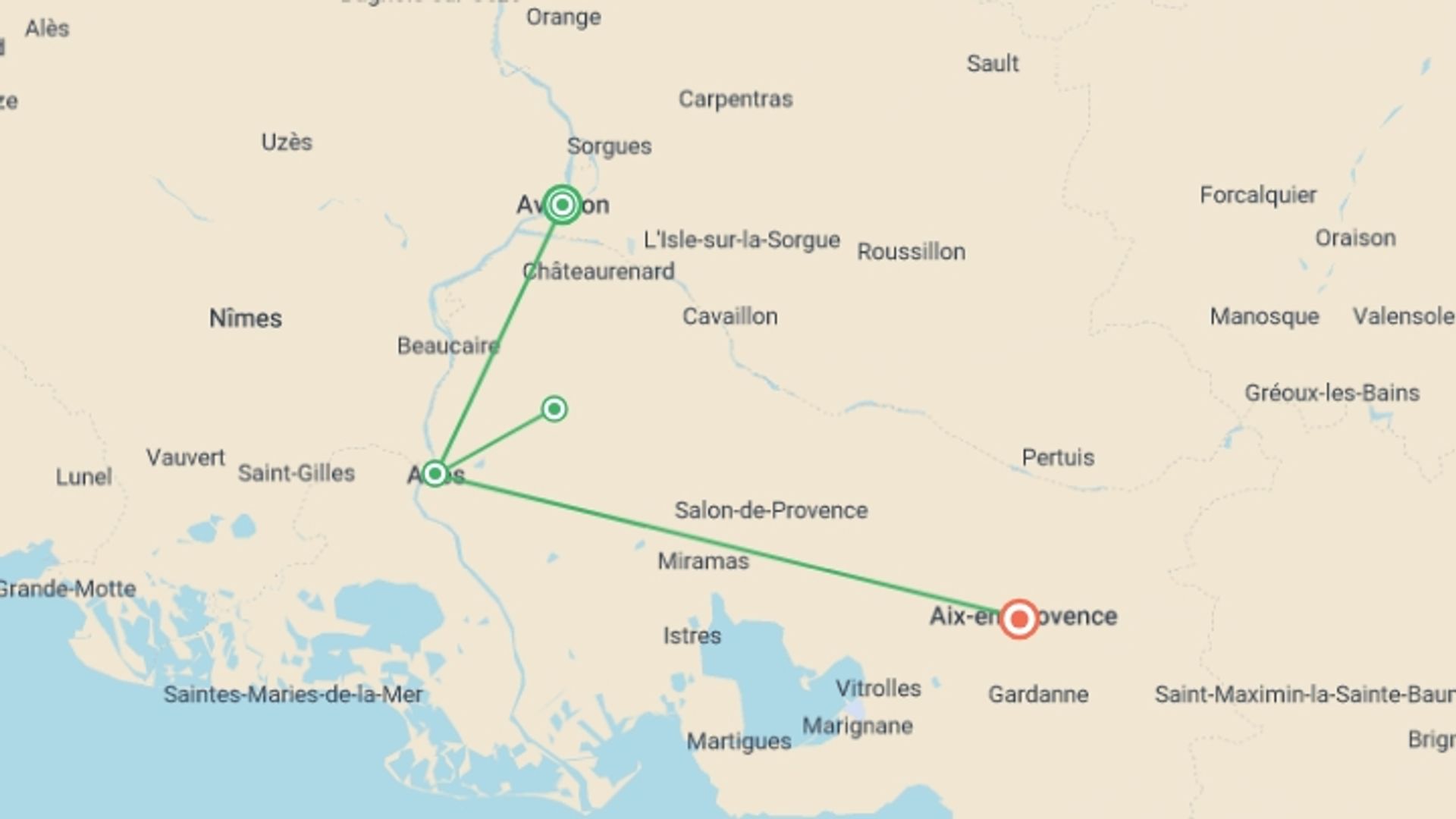 A map showing the tour itinerary for the trip: Journeys: Stories of Provence, starting in Avignon, France and ending in Aix-en-Provence, France going through 3 other destinations.