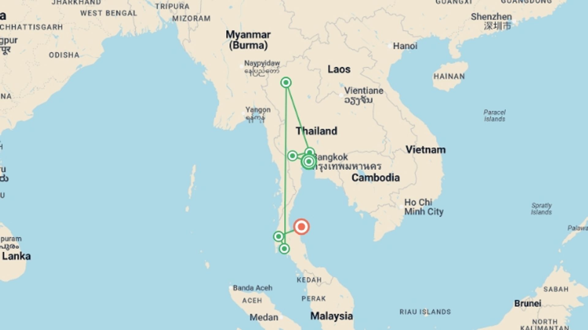 A map showing the tour itinerary for the trip: Journeys: Thailand in Depth, starting in Bangkok, Thailand and ending in Koh Samui, Thailand going through 6 other destinations.