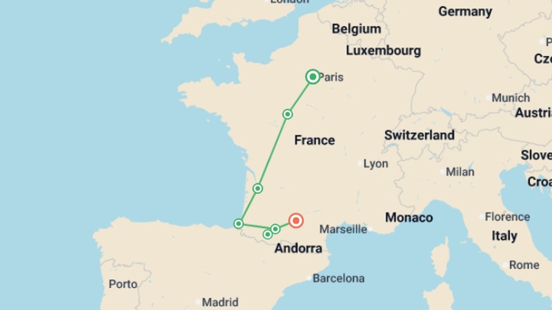 A map showing the tour itinerary for the trip: Journeys: Treasures of France from Paris to Toulouse, starting in Paris, France and ending in Toulouse, France going through 5 other destinations.
