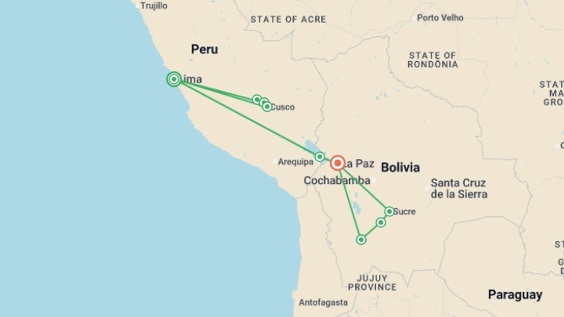 A map showing the tour itinerary for the trip: Journeys: Treasures of Peru & Bolivia, starting in Lima, Peru and ending in La Paz, Bolivia going through 8 other destinations.