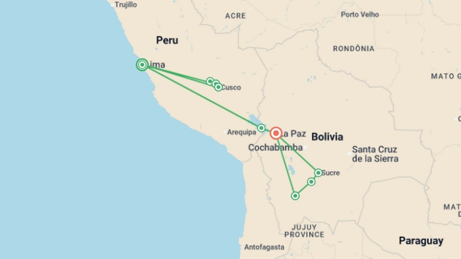 A map showing the tour itinerary for the trip: Journeys: Treasures of Peru & Bolivia, starting in Lima, Peru and ending in La Paz, Bolivia going through 8 other destinations.