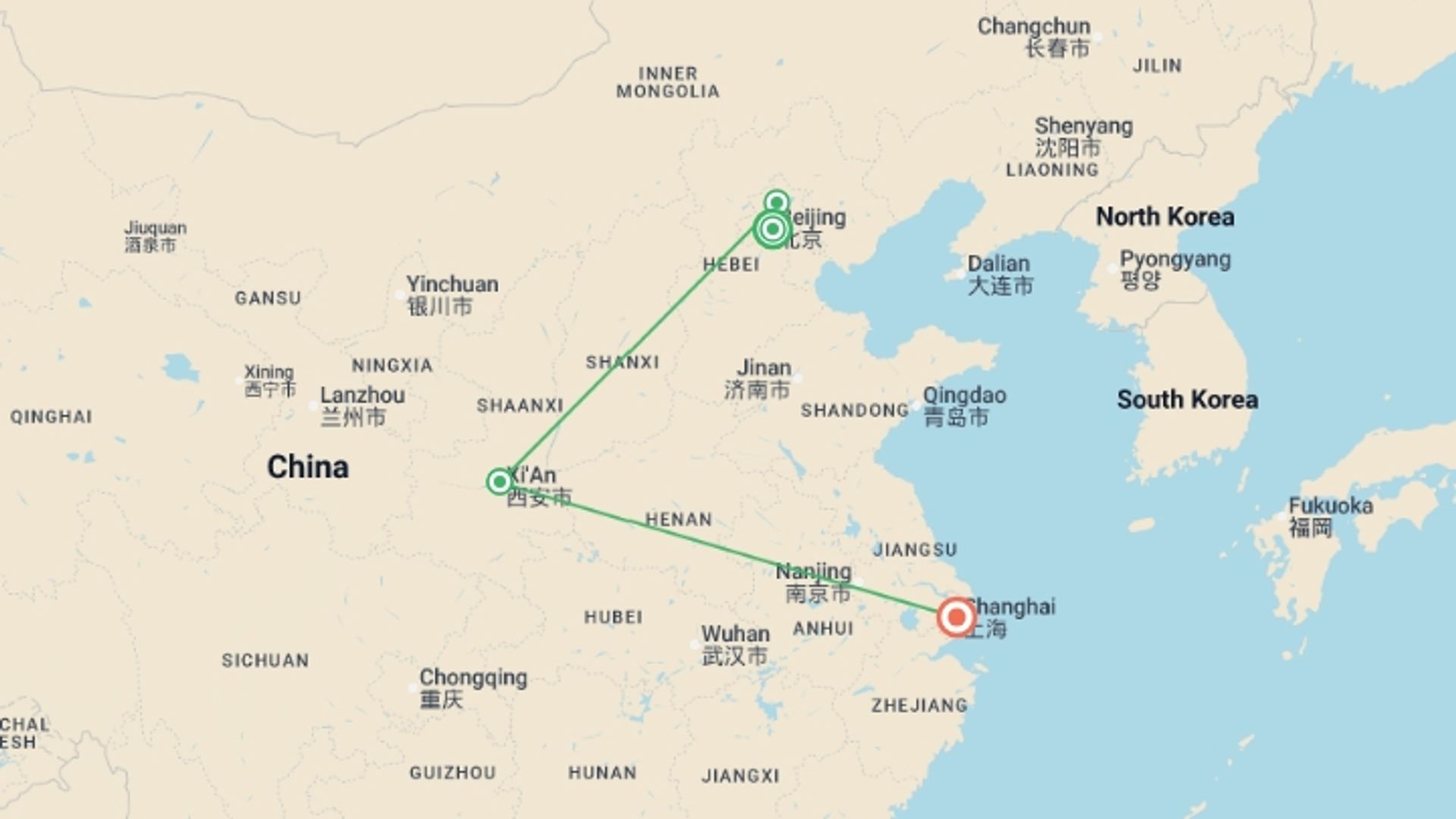 A map showing the tour itinerary for the trip: Journeys: Wonders of China, starting in Beijing, China and ending in Shanghai, China going through 4 other destinations.
