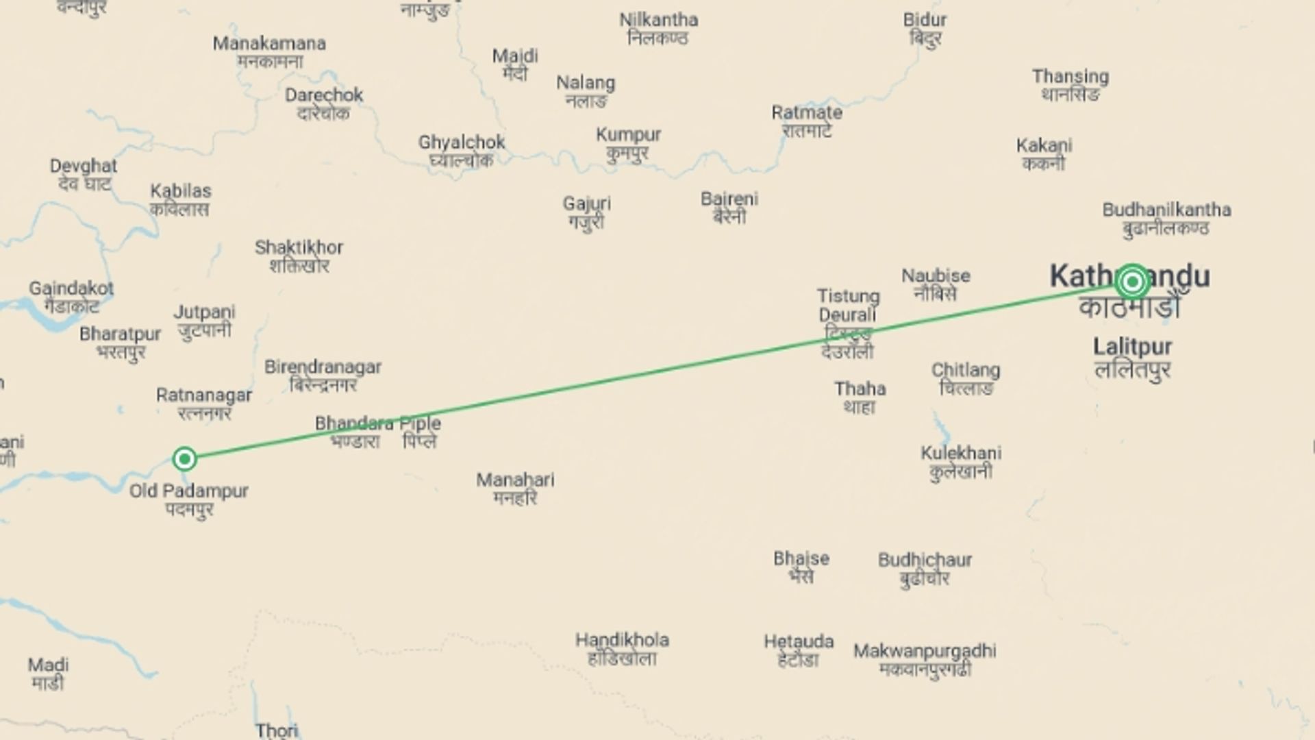 A map showing the tour itinerary for the trip: Kathmandu & Chitwan National Park, starting in Kathmandu, Nepal and ending in Kathmandu, Nepal going through 2 other destinations.