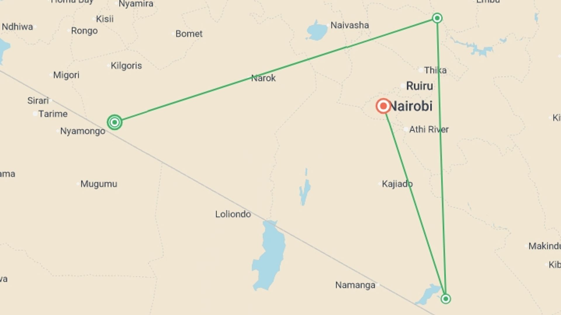 A map showing the tour itinerary for the trip: Kenya Adventure, starting in Nairobi, Kenya and ending in Nairobi, Kenya going through 3 other destinations.