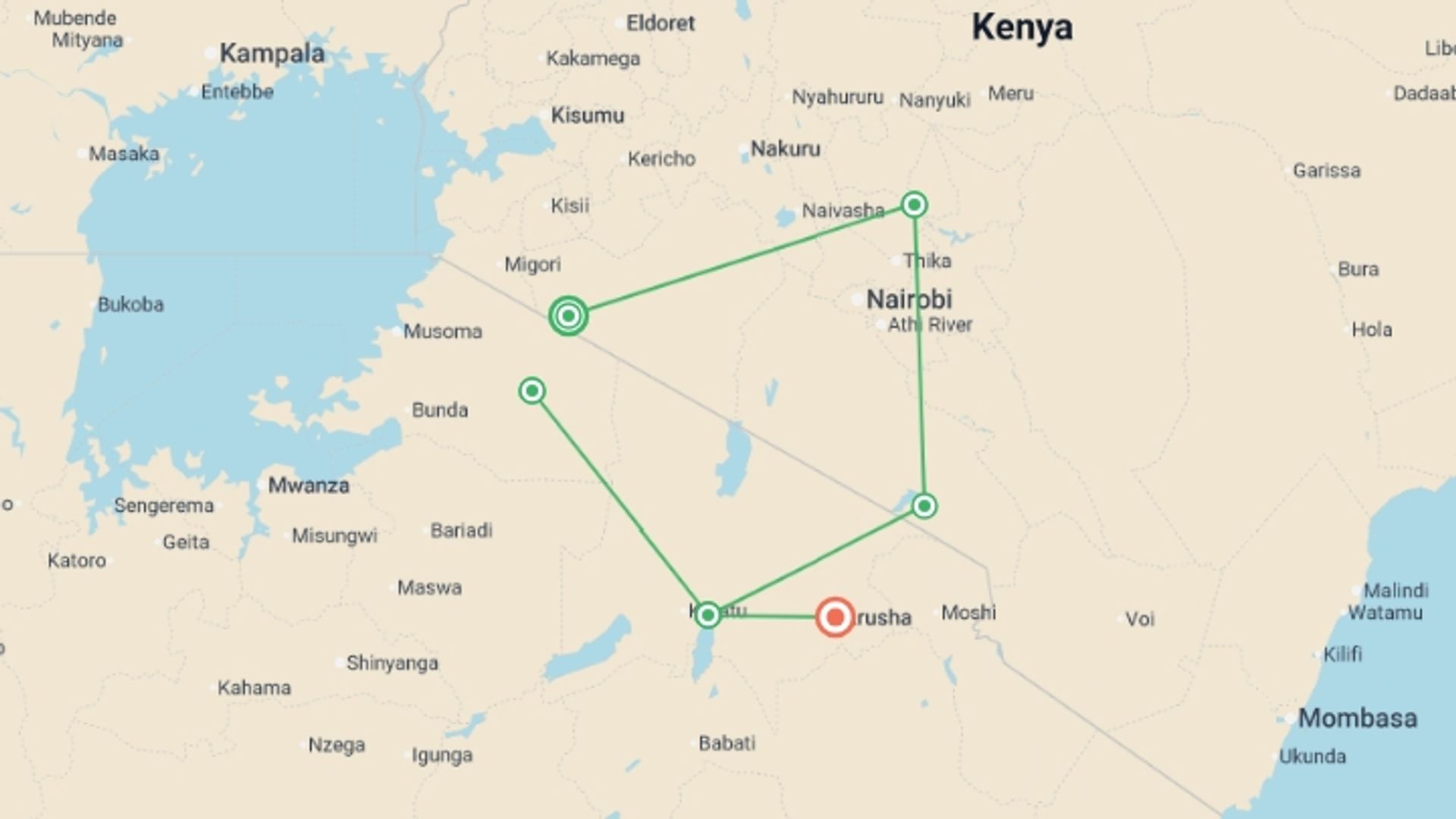 A map showing the tour itinerary for the trip: Kenya and Tanzania Adventure, starting in Nairobi, Kenya and ending in Arusha, Tanzania going through 4 other destinations.
