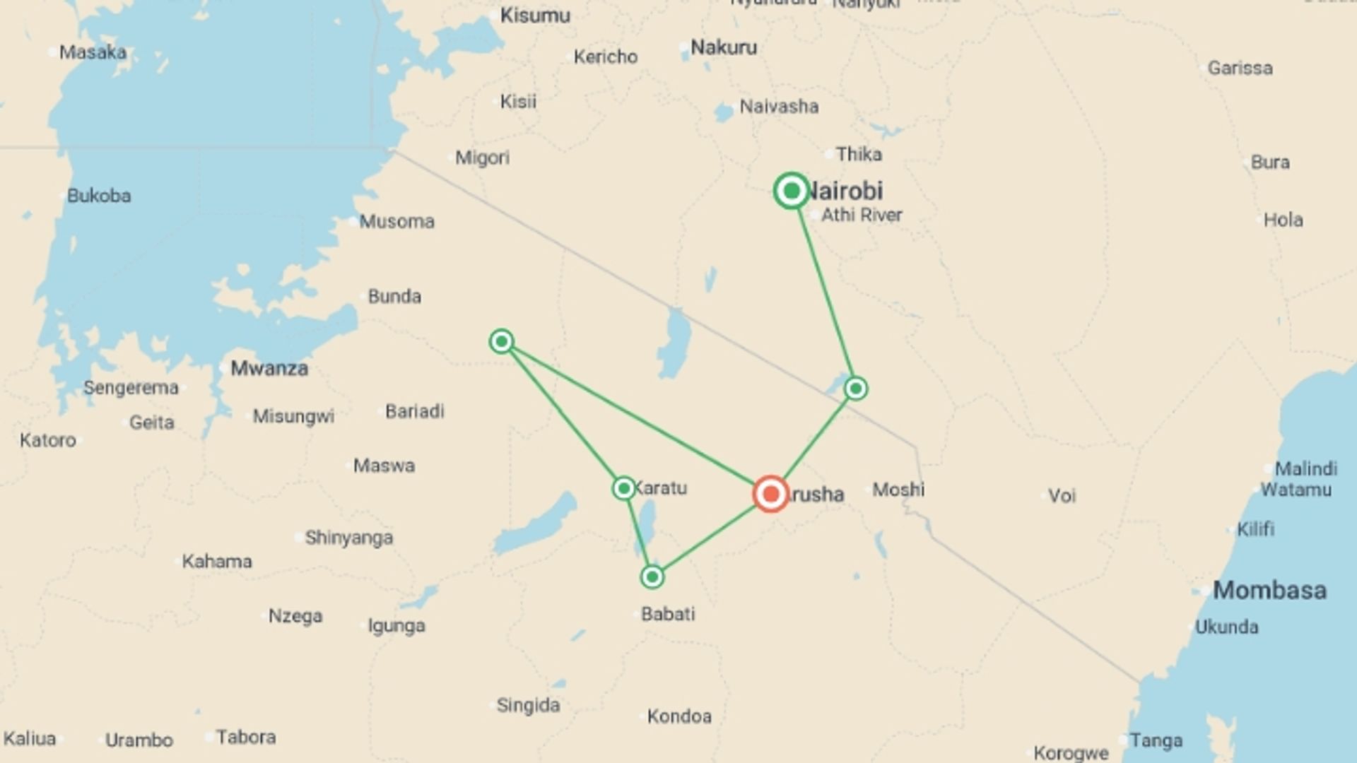 A map showing the tour itinerary for the trip: Kenya & Tanzania: Amboseli, The Serengeti & Ngorongoro Crater, starting in Nairobi, Kenya and ending in Arusha, Tanzania going through 5 other destinations.