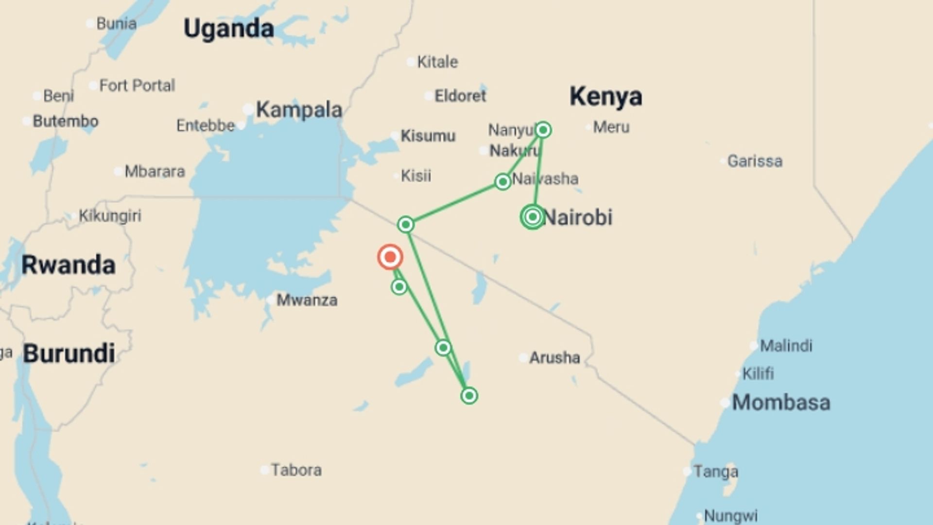 A map showing the tour itinerary for the trip: Kenya and Tanzania Safari - Small Group, starting in Nairobi, Kenya and ending in Kilimanjaro, Tanzania going through 7 other destinations.