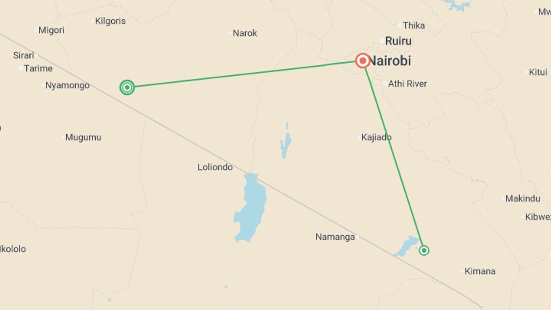 A map showing the tour itinerary for the trip: Kenya Safari 35 to 45, starting in Nairobi, Kenya and ending in Nairobi, Kenya going through 1 other destinations.