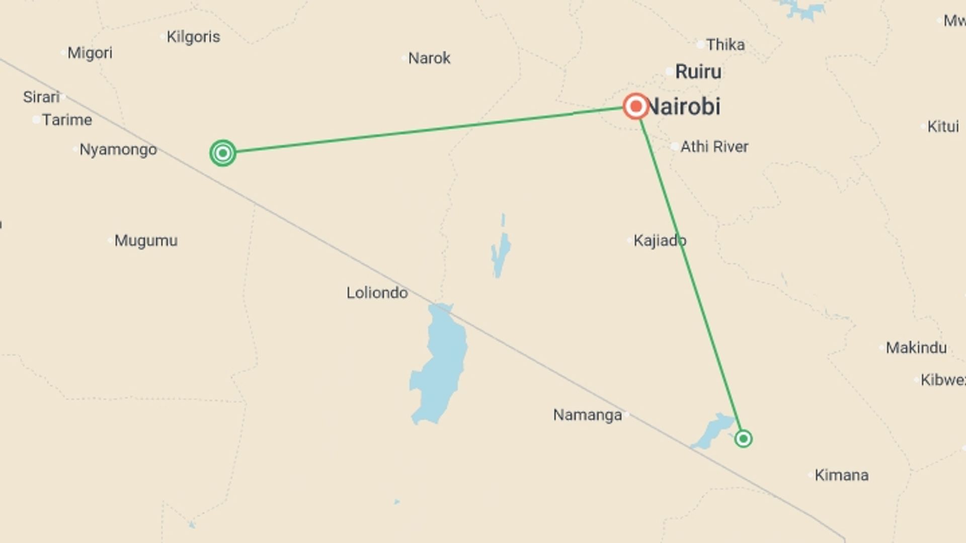 A map showing the tour itinerary for the trip: Kenya Safari 35 to 45, starting in Nairobi, Kenya and ending in Nairobi, Kenya going through 1 other destinations.