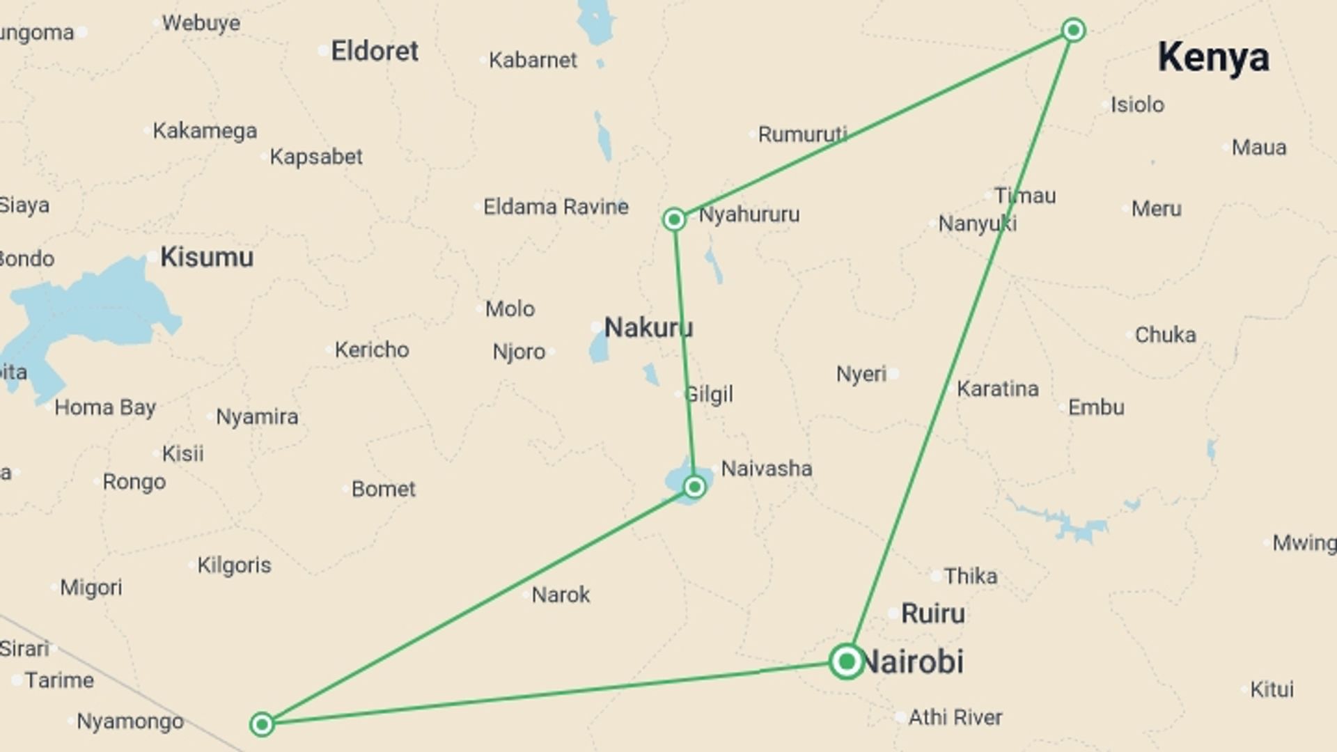A map showing the tour itinerary for the trip: Kenyan Highlands and Plains Safari, starting in Nairobi, Kenya and ending in Maasai Mara National Reserve, Kenya going through 3 other destinations.