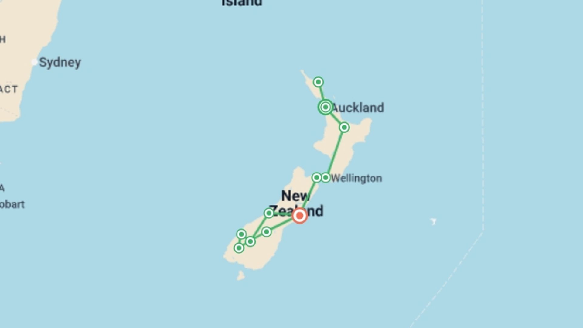 A map showing the tour itinerary for the trip: Kia Ora New Zealand, starting in Auckland, New Zealand and ending in Christchurch, New Zealand going through 8 other destinations.