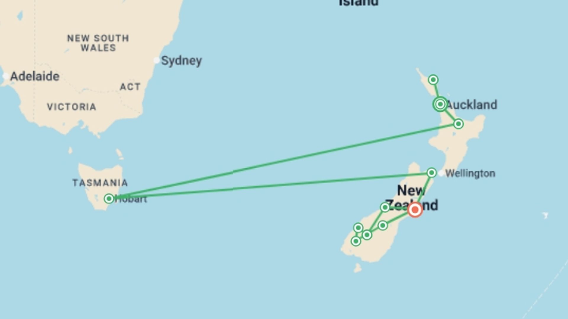 A map showing the tour itinerary for the trip: Kia Ora New Zealand, starting in Auckland, New Zealand and ending in Christchurch, New Zealand going through 7 other destinations.