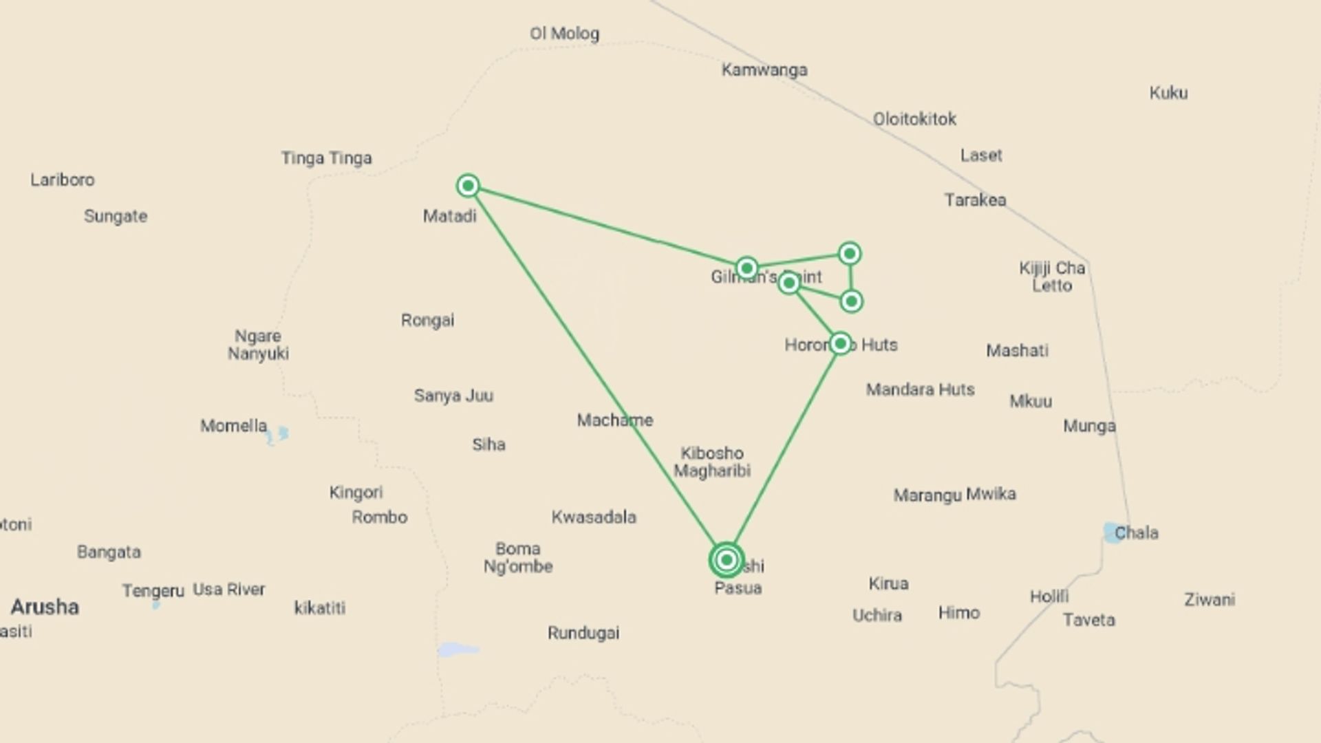 A map showing the tour itinerary for the trip: Kilimanjaro - Rongai Trek, starting in Moshi, Tanzania and ending in Moshi, Tanzania going through 1 other destinations.