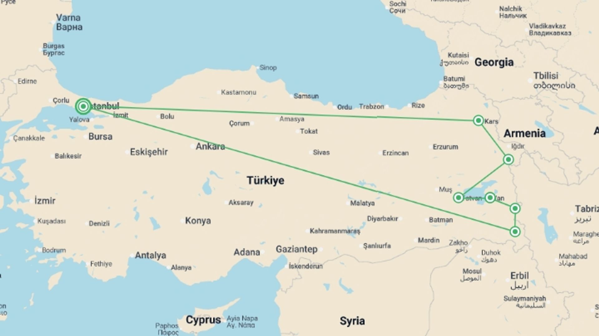 A map showing the tour itinerary for the trip: Kingdoms Lakes and Mountains, starting in Istanbul, Turkey and ending in Istanbul, Turkey going through 2 other destinations.