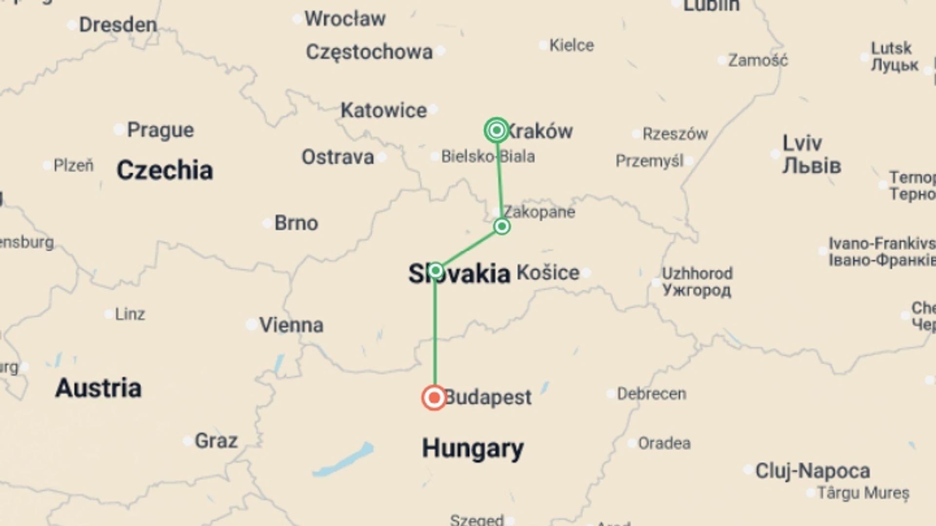 A map showing the tour itinerary for the trip: Krakow to Budapest Adventure, starting in Krakow, Poland and ending in Budapest, Hungary going through 2 other destinations.