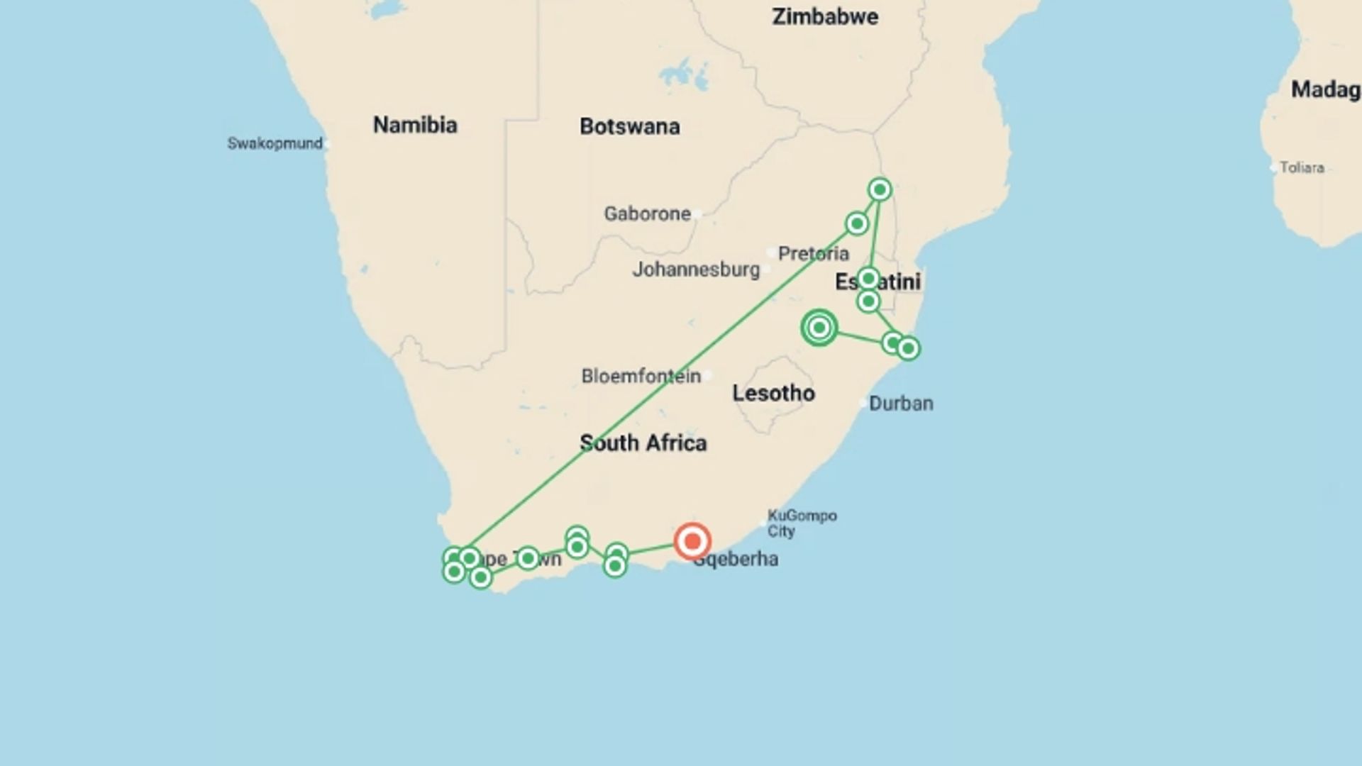 A map showing the tour itinerary for the trip: Kruger, Eswatini and South Africa's Garden Route, starting in Johannesburg, South Africa and ending in South Africa going through 9 other destinations.