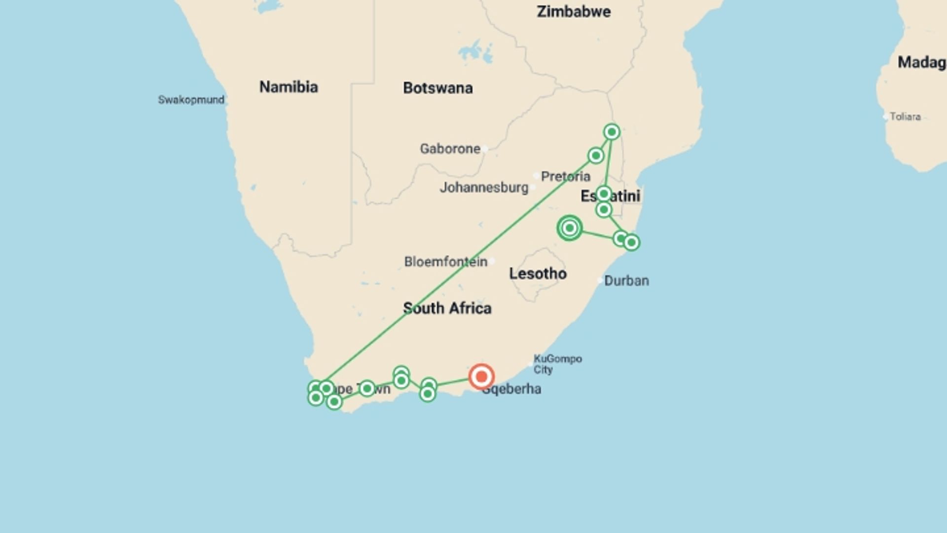 A map showing the tour itinerary for the trip: Kruger, Eswatini and South Africa's Garden Route, starting in Johannesburg, South Africa and ending in South Africa going through 9 other destinations.