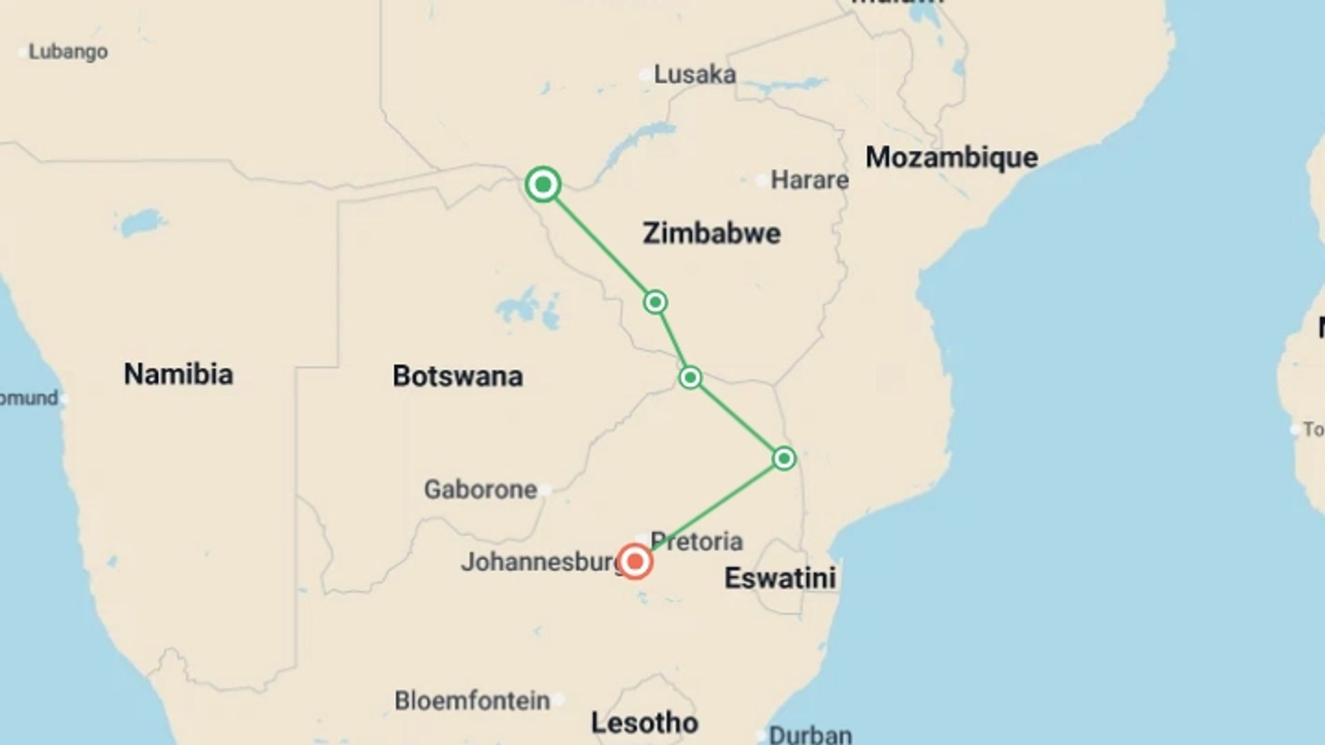 A map showing the tour itinerary for the trip: Kruger, Falls & Botswana: Wildlife Walks & National Parks, starting in Victoria Falls, Zimbabwe and ending in Johannesburg, South Africa going through 5 other destinations.