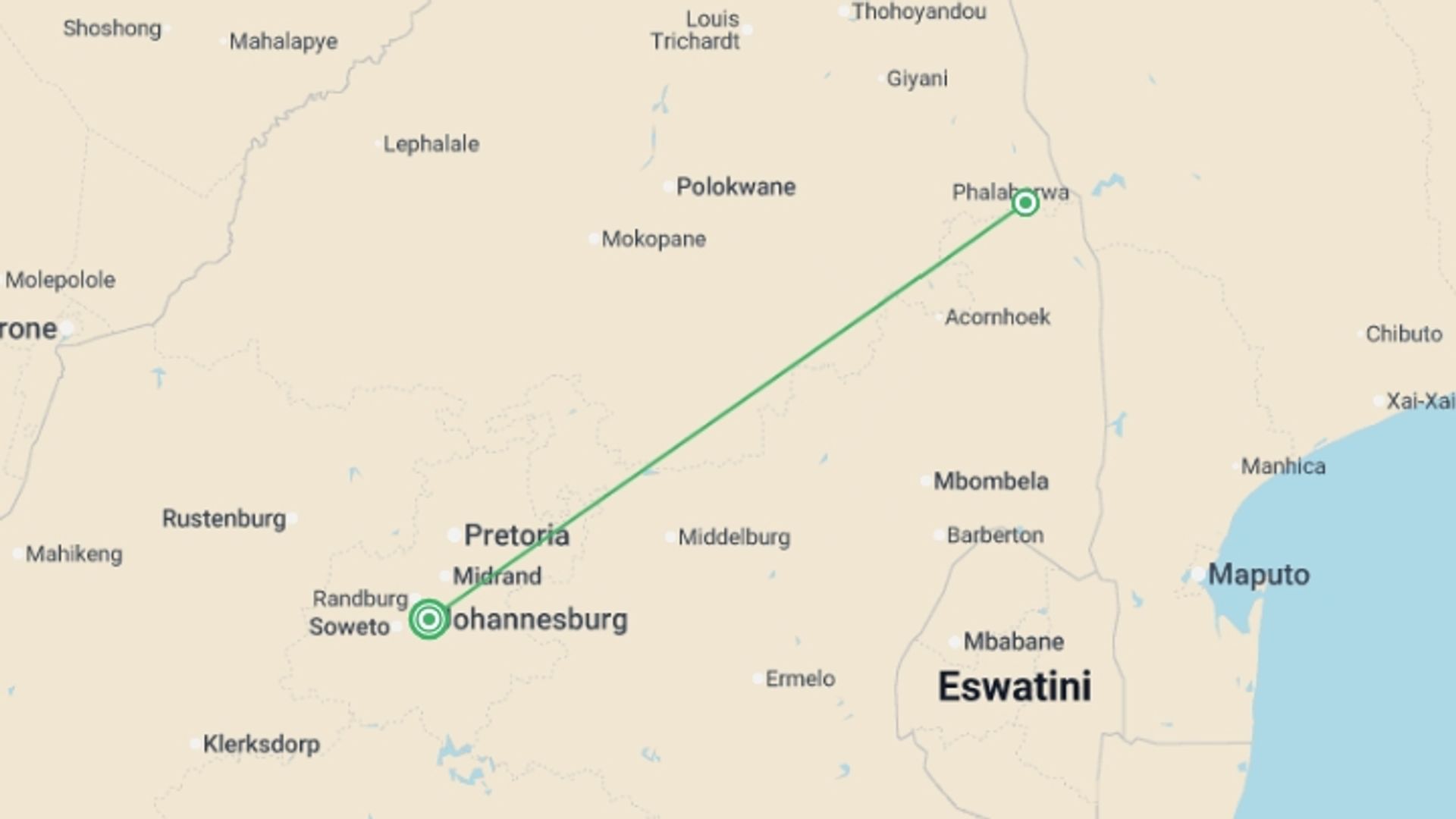 A map showing the tour itinerary for the trip: Kruger in Depth, starting in Johannesburg, South Africa and ending in Johannesburg, South Africa going through 2 other destinations.