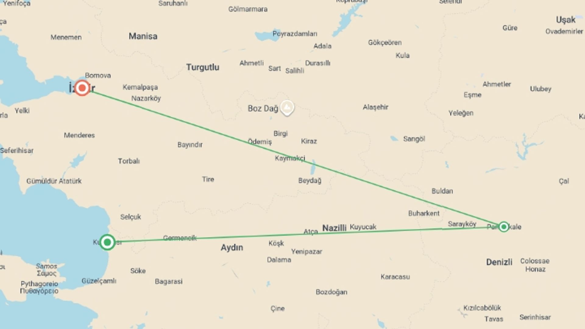 A map showing the tour itinerary for the trip: Kusadasi Essentials – 3 Days With Ephesus & Pamukkale Tours, starting in Izmir, Turkey and ending in Izmir, Turkey going through 3 other destinations.