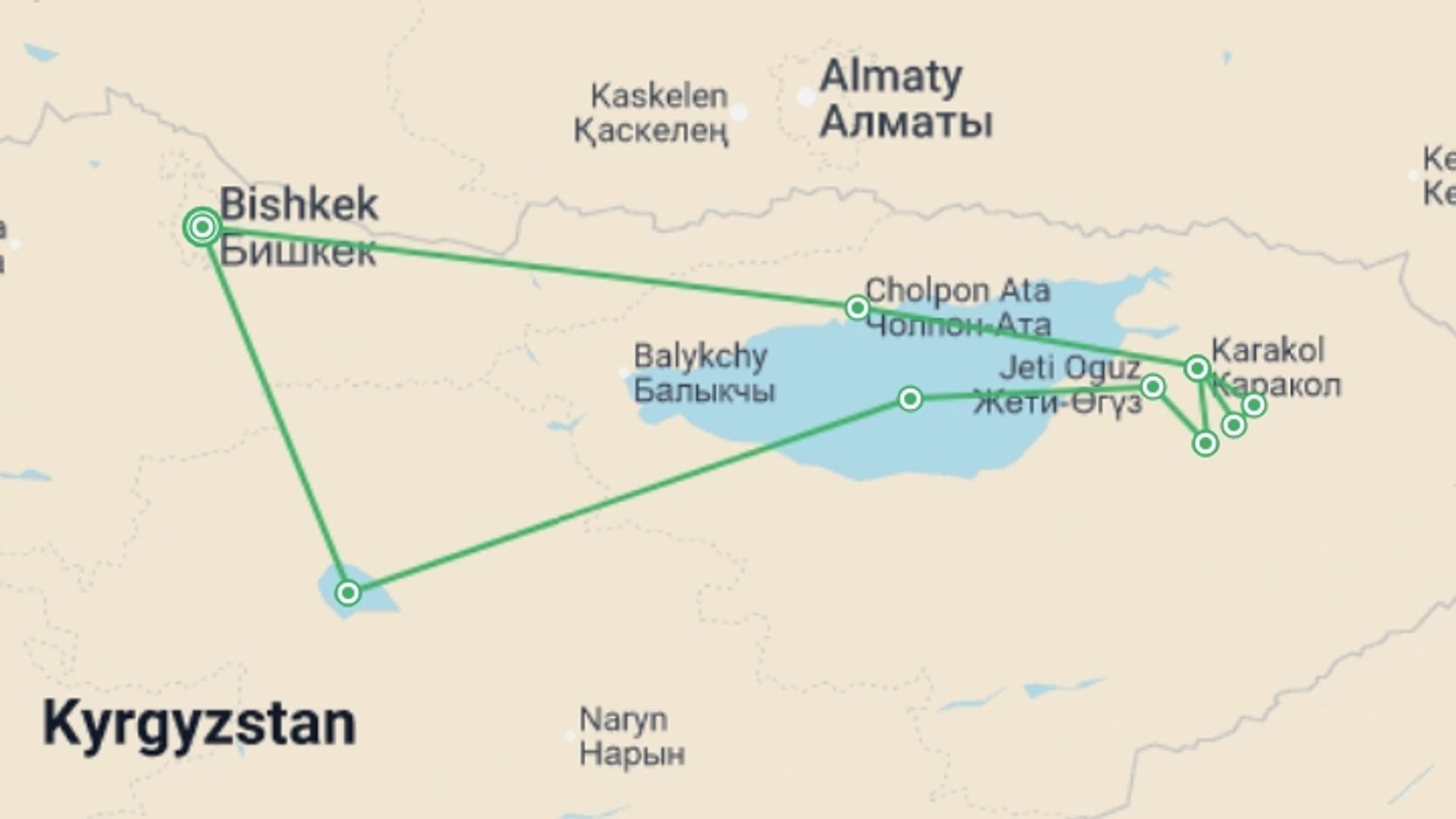 A map showing the tour itinerary for the trip: Kyrgyzstan & the Tian Shan Mountains, starting in Bishkek, Kyrgyzstan and ending in Bishkek, Kyrgyzstan going through 1 other destinations.