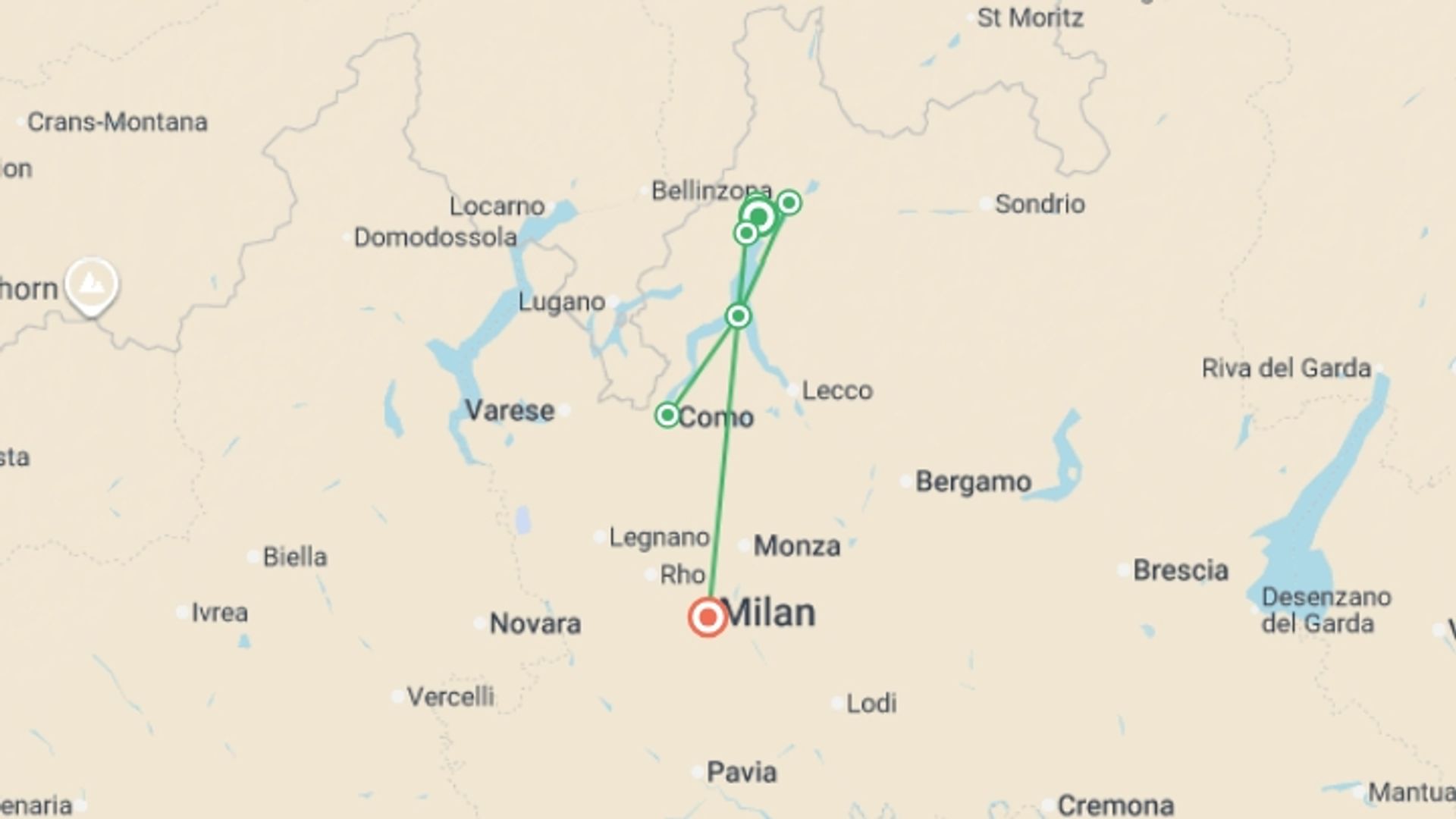 A map showing the tour itinerary for the trip: Lake Como Walking, starting in Milan, Italy and ending in Milan, Italy going through 1 other destinations.