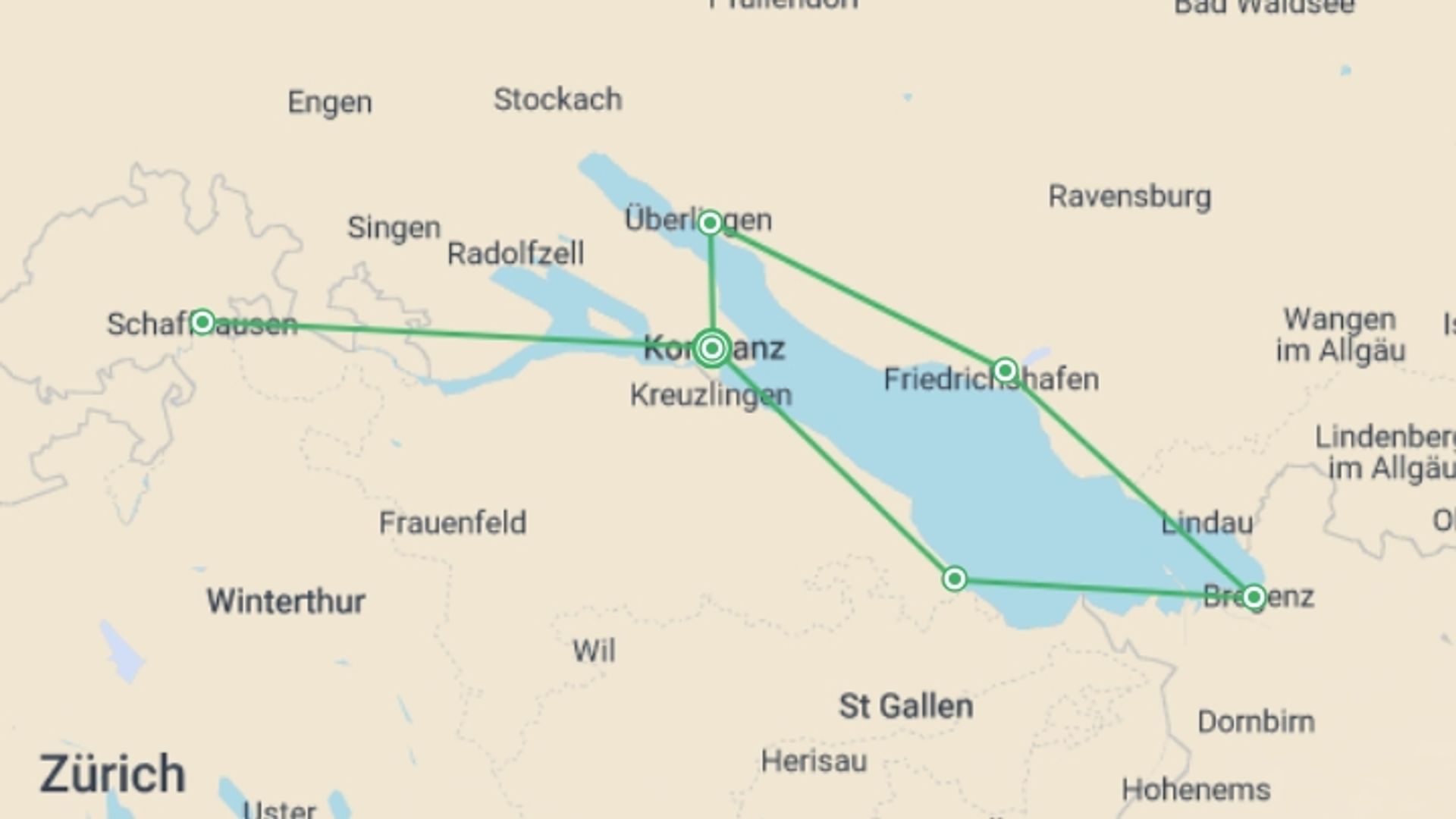A map showing the tour itinerary for the trip: Lake Constance Circuit by Bike, starting in Konstanz, Germany and ending in Germany going through 2 other destinations.