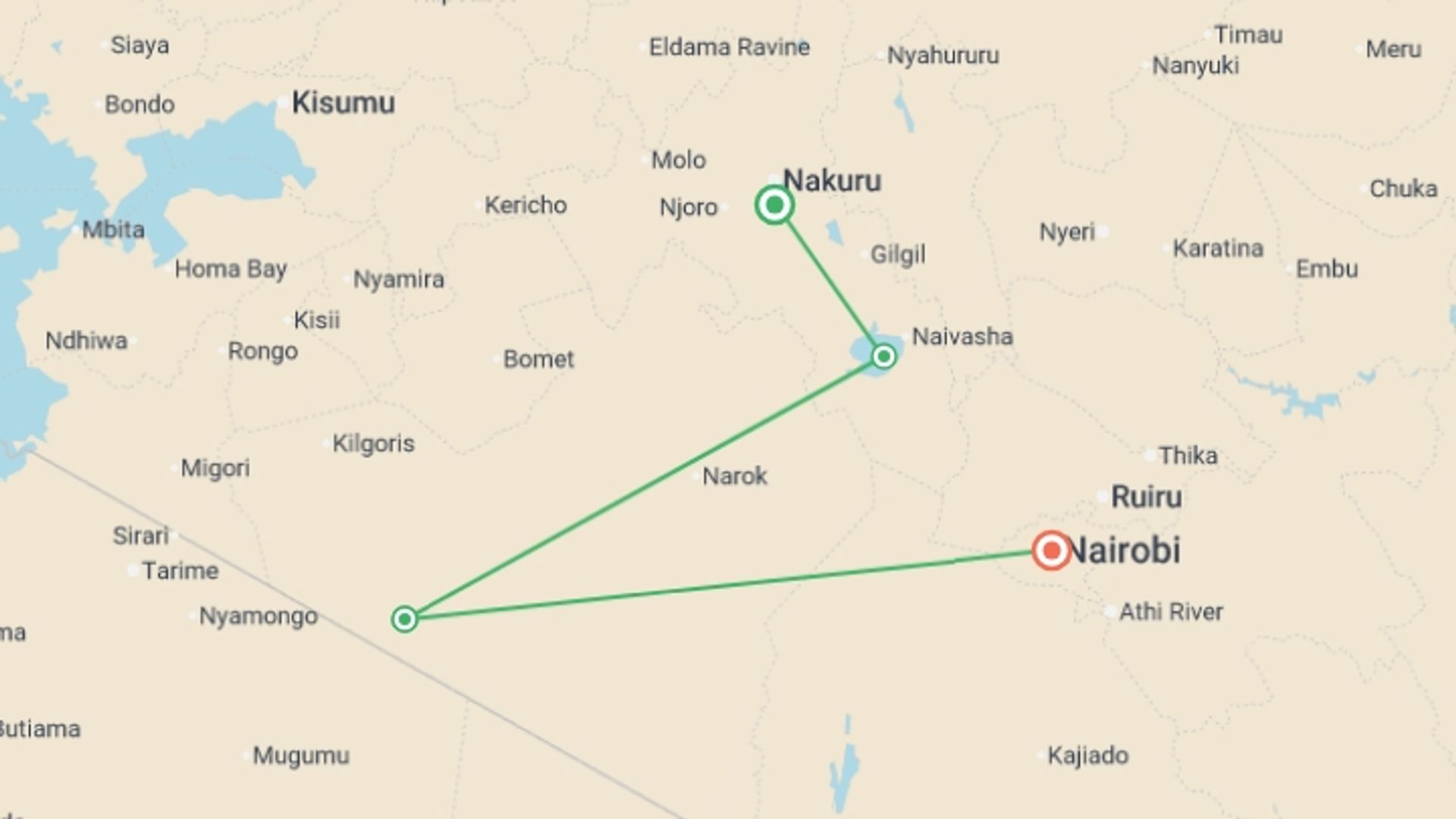 A map showing the tour itinerary for the trip: Lakes & Masai Mara Interactive Safari 5D/4N (Masai Mara, Lake Nakuru & Lake Naivasha), starting in Nairobi, Kenya and ending in Nairobi, Kenya going through 3 other destinations.