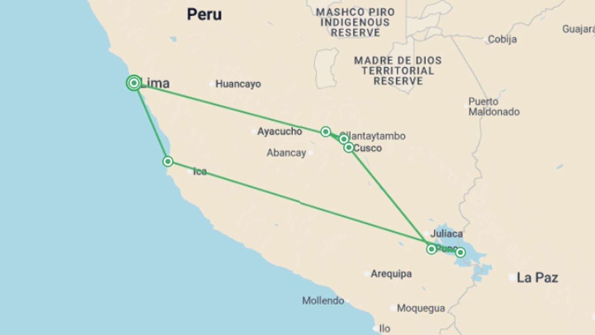 A map showing the tour itinerary for the trip: Land of the Incas, starting in Lima, Peru and ending in Quito, Ecuador going through 7 other destinations.