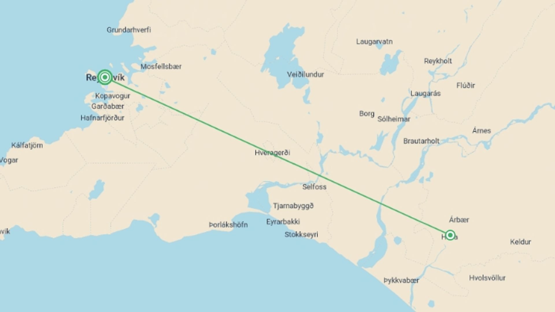 A map showing the tour itinerary for the trip: Land of the Northern Lights Comfort - 5 days, starting in Reykjavik, Iceland and ending in Reykjavik, Iceland going through 1 other destinations.