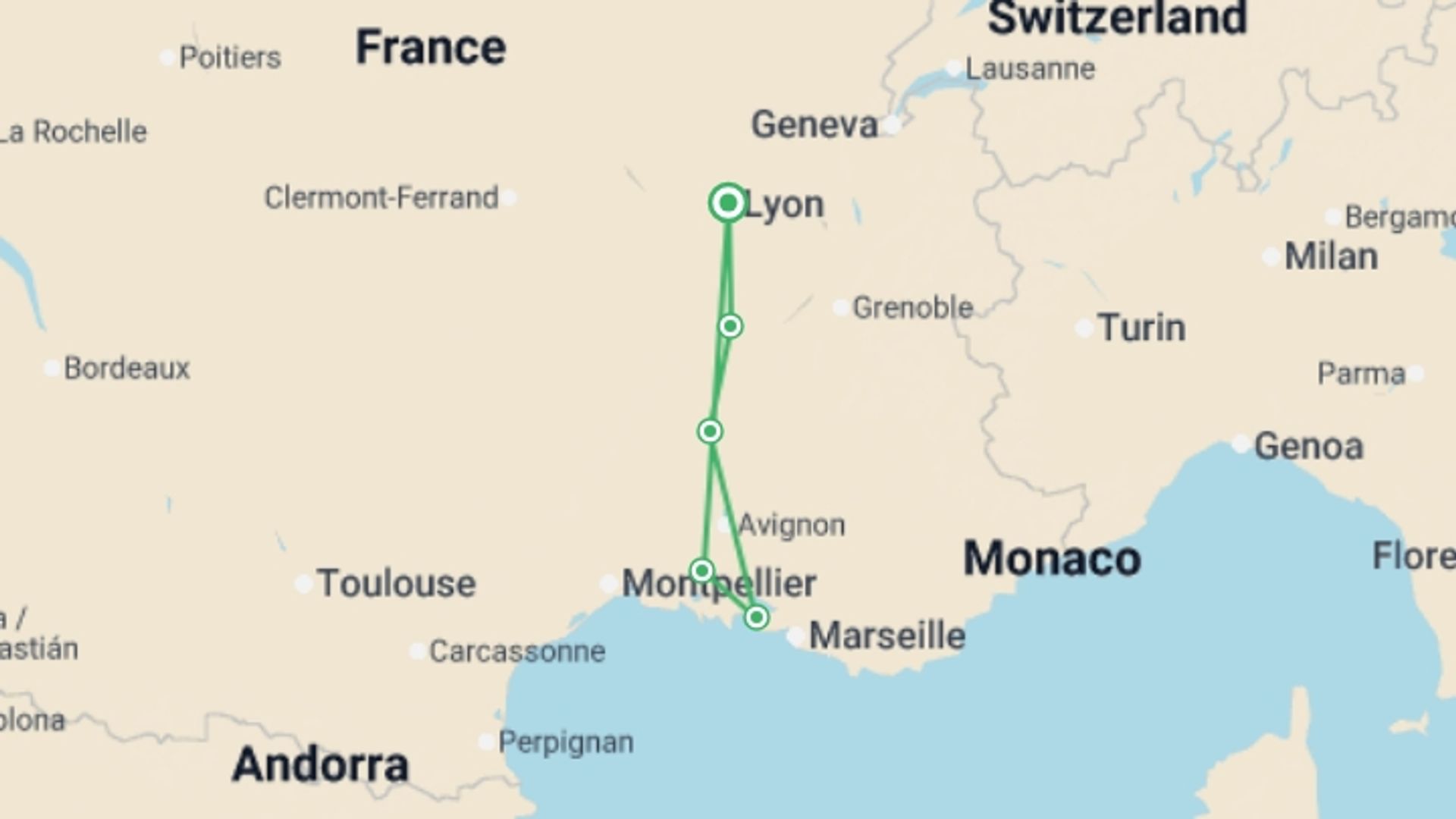 A map showing the tour itinerary for the trip: Lands of Provence, a sensory cruise through heritage and gourmet delights (port-to-port cruise), starting in Lyon, France and ending in Lyon, France going through 4 other destinations.