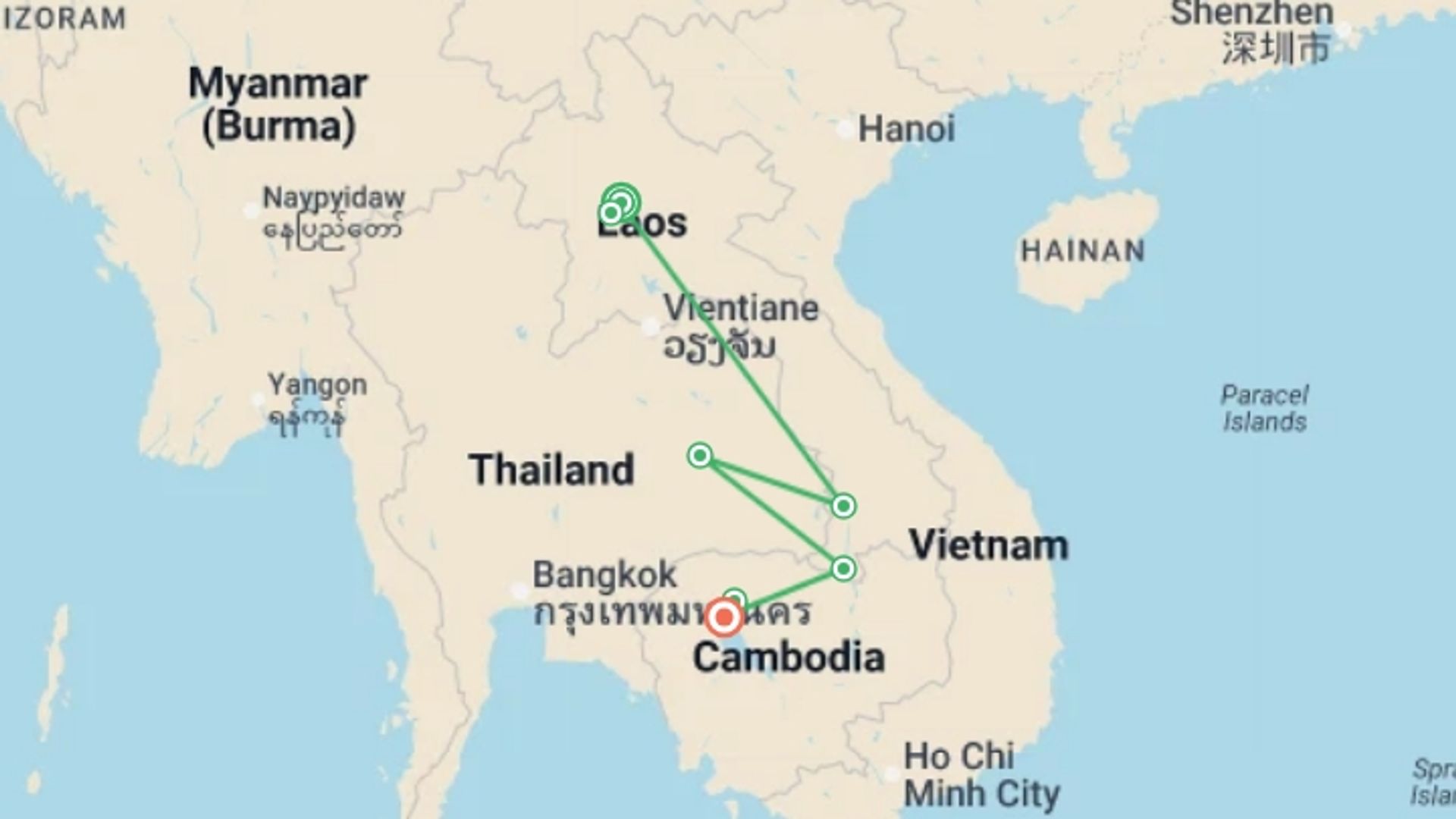 A map showing the tour itinerary for the trip: Laos & Cambodia Family Adventure, starting in Luang Prabang, Laos and ending in Siem Reap, Cambodia going through 5 other destinations.