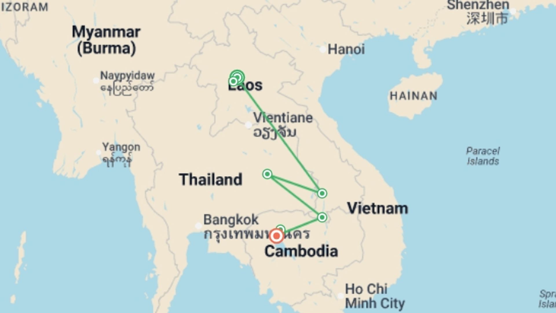 A map showing the tour itinerary for the trip: Laos & Cambodia Family Adventure, starting in Luang Prabang, Laos and ending in Siem Reap, Cambodia going through 5 other destinations.