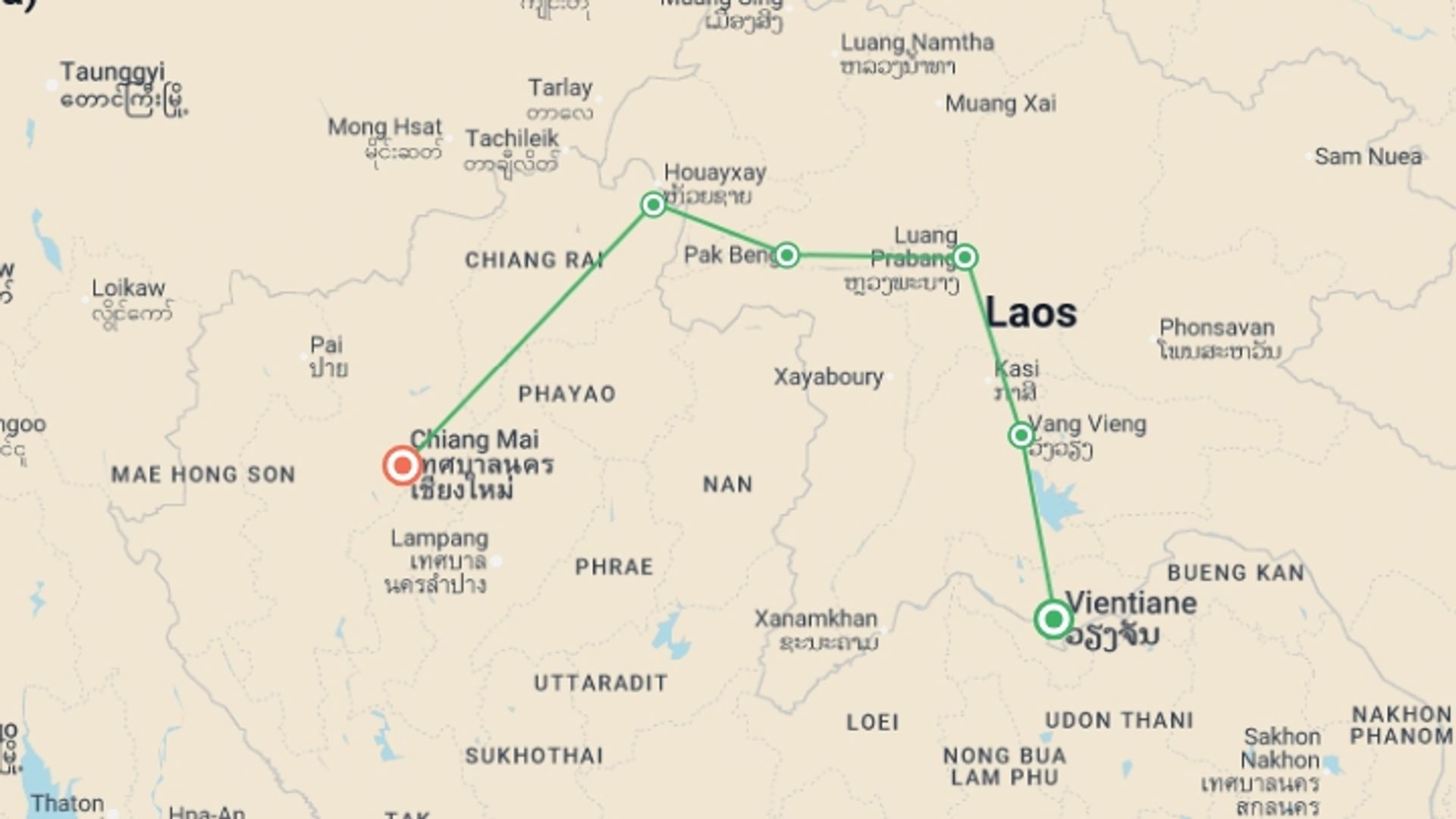 A map showing the tour itinerary for the trip: Laos: Sunrises & Street Food, starting in Vientiane, Laos and ending in Chiang Mai, Thailand going through 4 other destinations.