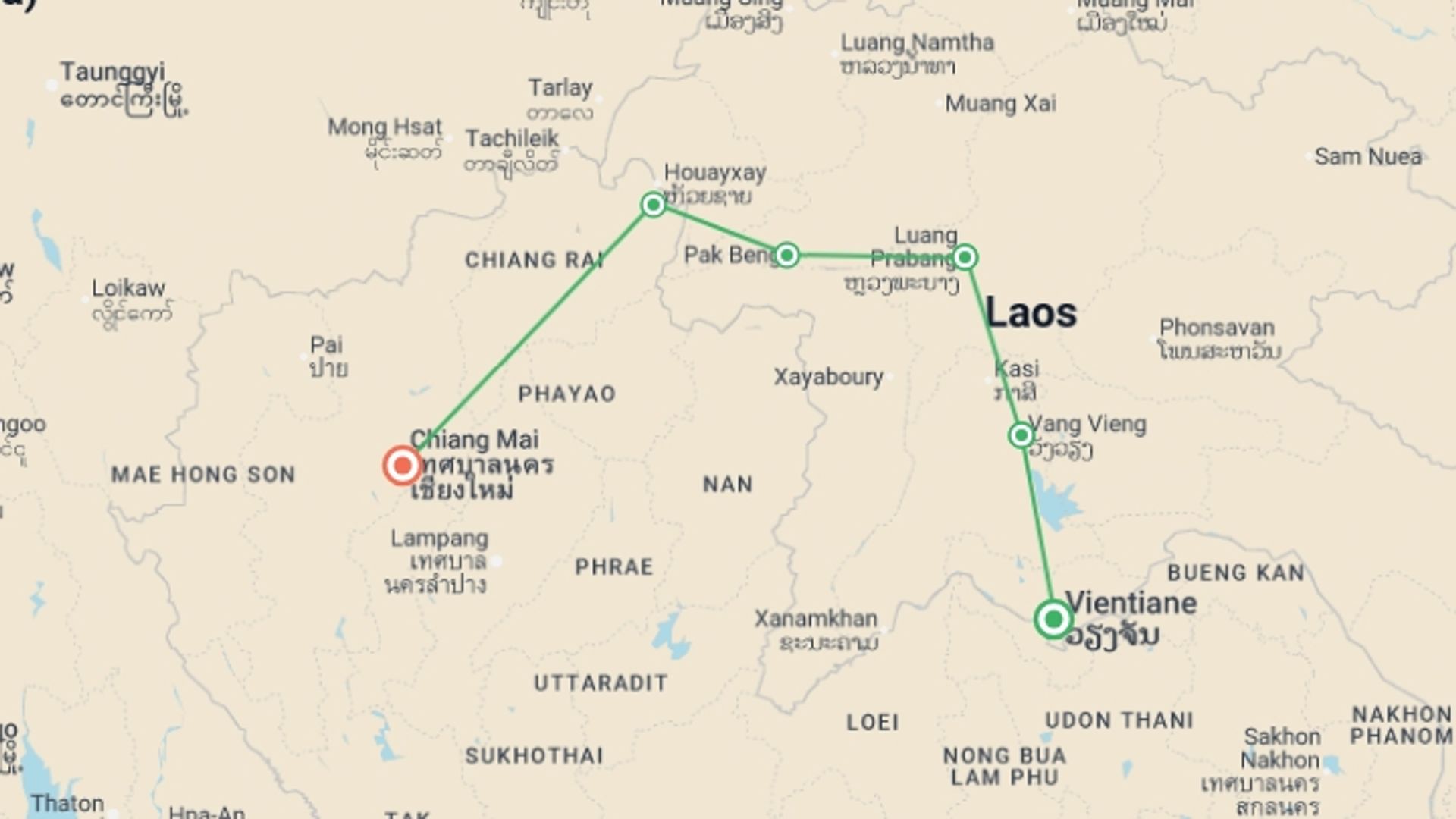 A map showing the tour itinerary for the trip: Laos: Sunrises & Street Food, starting in Vientiane, Laos and ending in Chiang Mai, Thailand going through 4 other destinations.