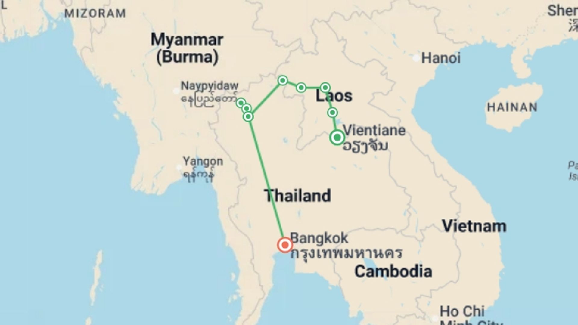 A map showing the tour itinerary for the trip: Laos to Northern Thailand: Treks & Trails, starting in Vientiane, Laos and ending in Bangkok, Thailand going through 5 other destinations.