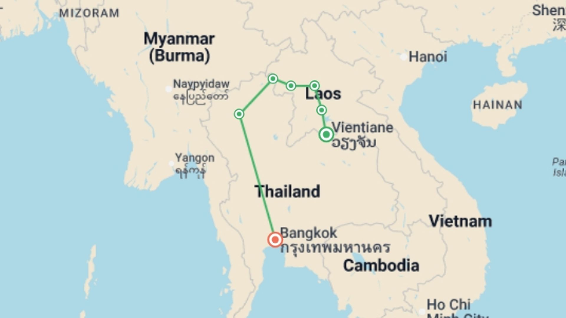 A map showing the tour itinerary for the trip: Laos to Thailand: Night Markets & Mekong Cruising, starting in Vientiane, Laos and ending in Bangkok, Thailand going through 5 other destinations.