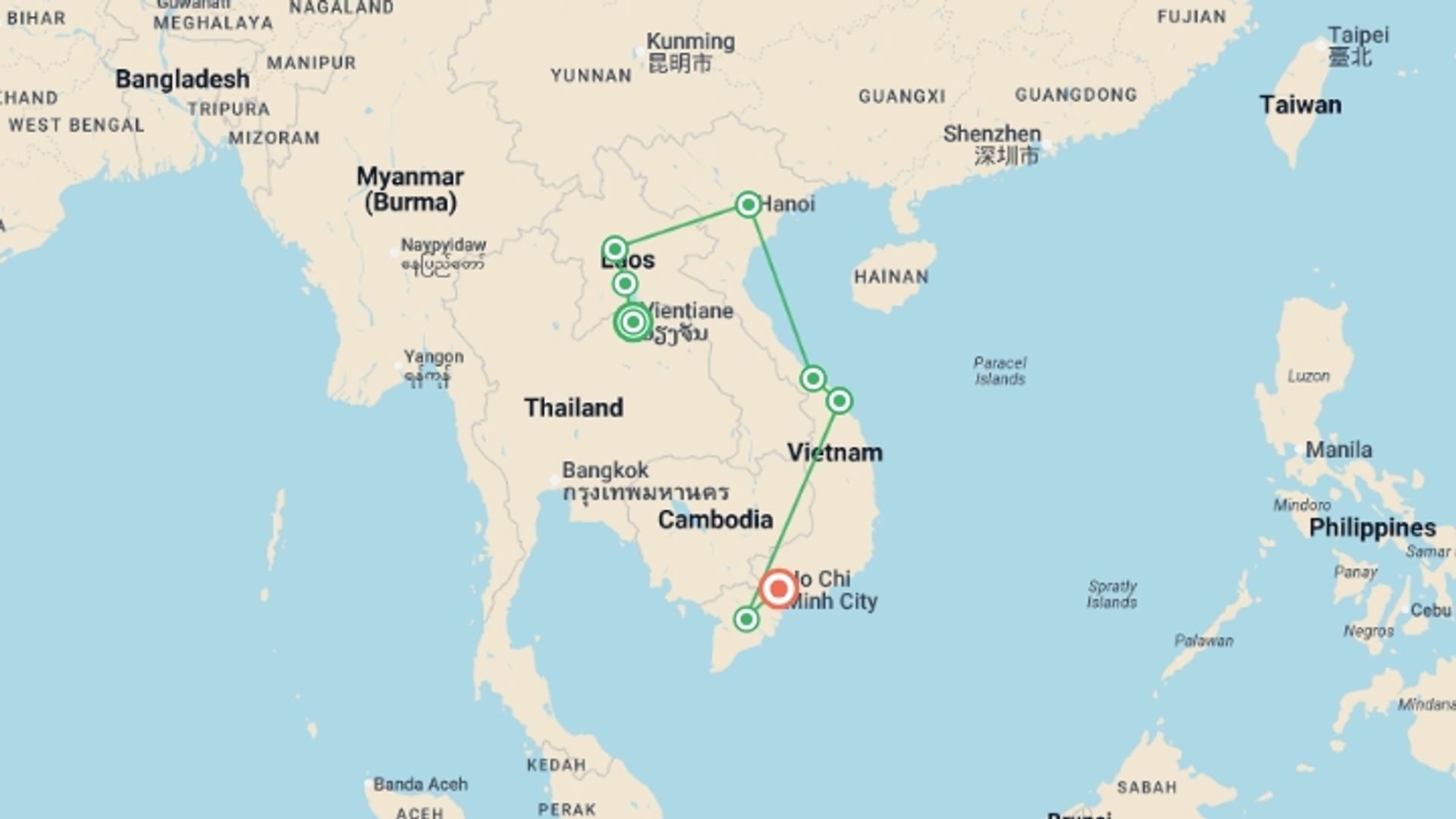 A map showing the tour itinerary for the trip: Laos to Vietnam - 16 Days, starting in Vientiane, Laos and ending in Ho Chi Minh City, Vietnam going through 8 other destinations.