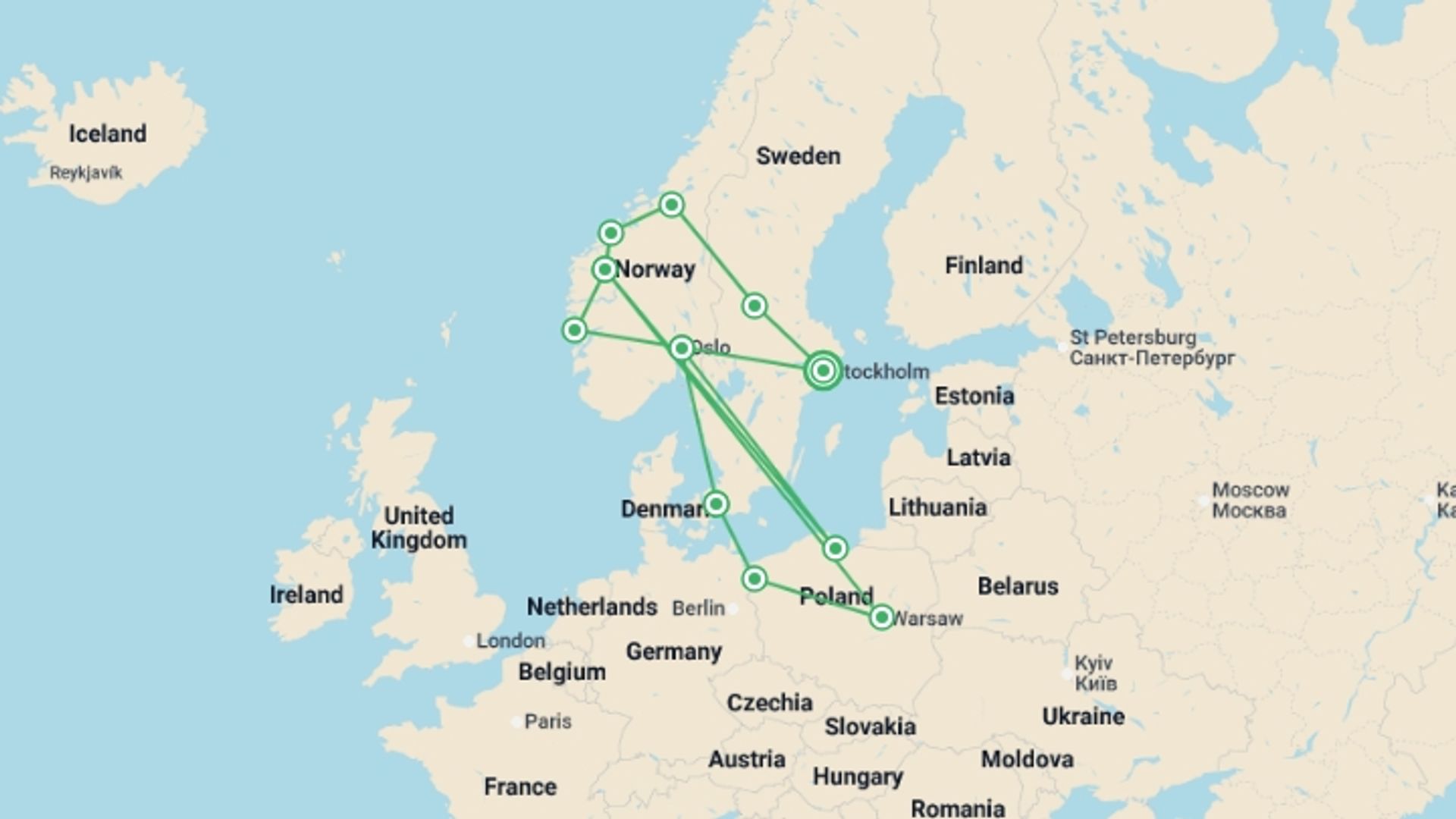 A map showing the tour itinerary for the trip: Legendary Fjords and Northern Poland, starting in Stockholm, Sweden and ending in Stockholm, Sweden going through 8 other destinations.