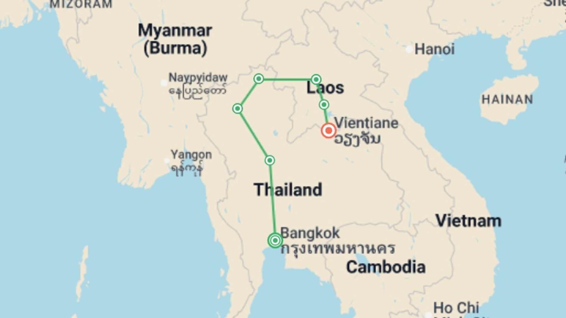 A map showing the tour itinerary for the trip: Lights of Thailand and Dreamed Laos, starting in Bangkok, Thailand and ending in Vientiane, Laos going through 6 other destinations.