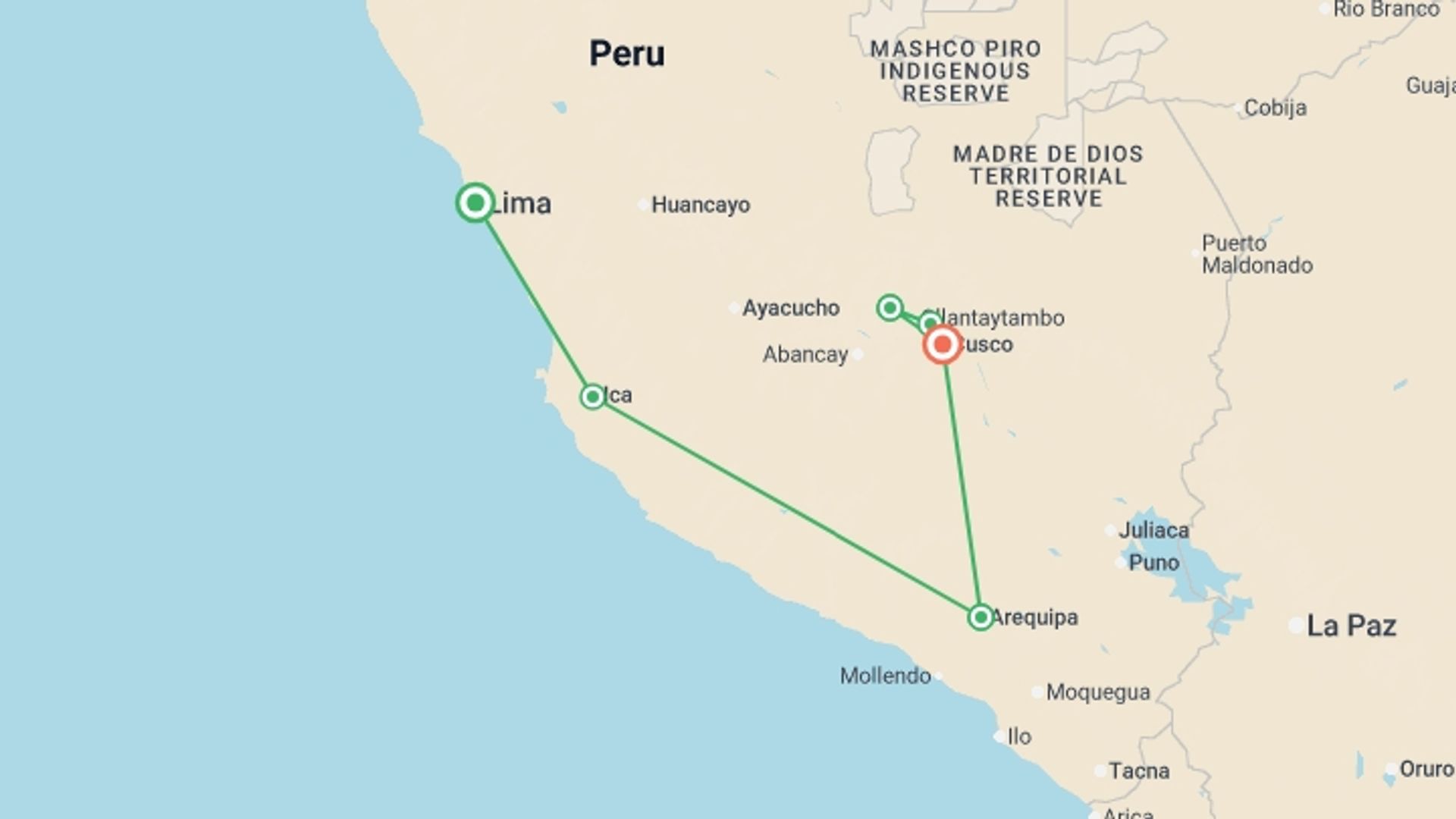 A map showing the tour itinerary for the trip: Lima to Cusco, starting in Lima, Peru and ending in Cusco, Peru going through 6 other destinations.