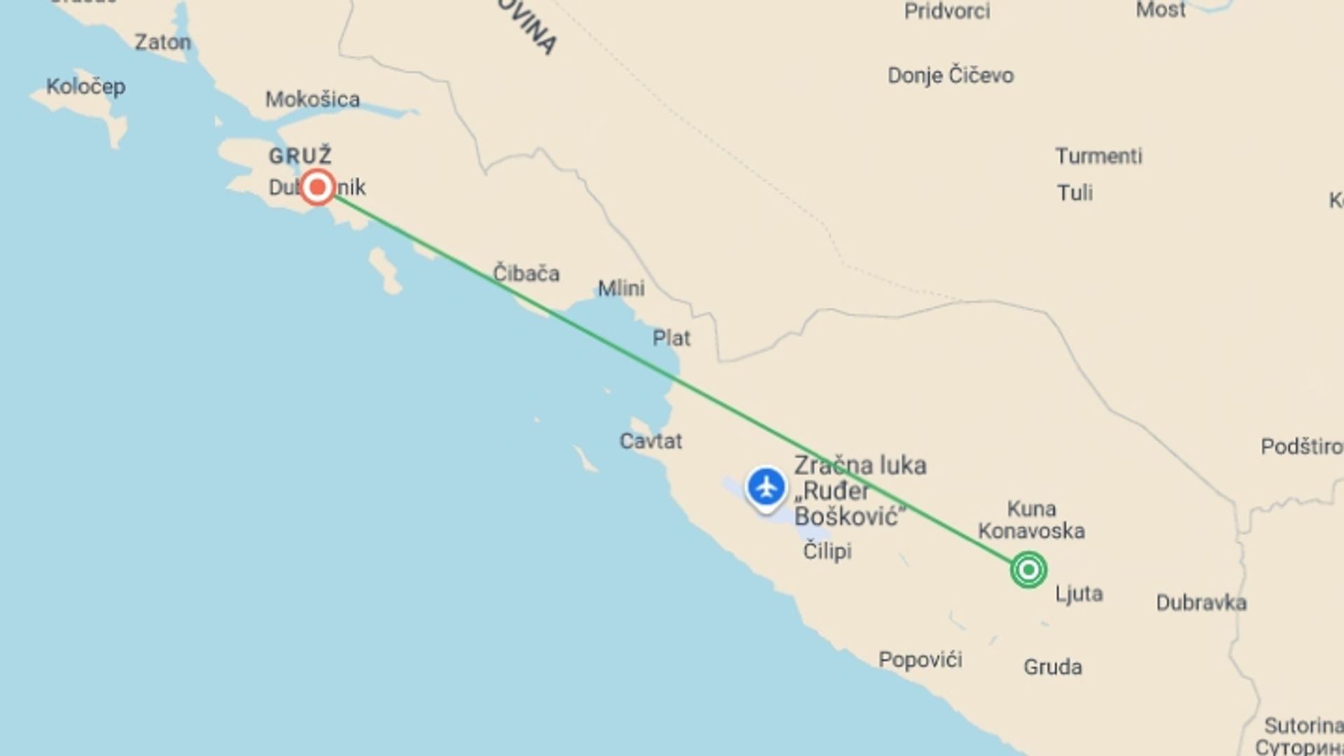 A map showing the tour itinerary for the trip: Local Living Croatia – Southern Dalmatia, starting in Dubrovnik, Croatia and ending in Dubrovnik, Croatia going through 1 other destinations.